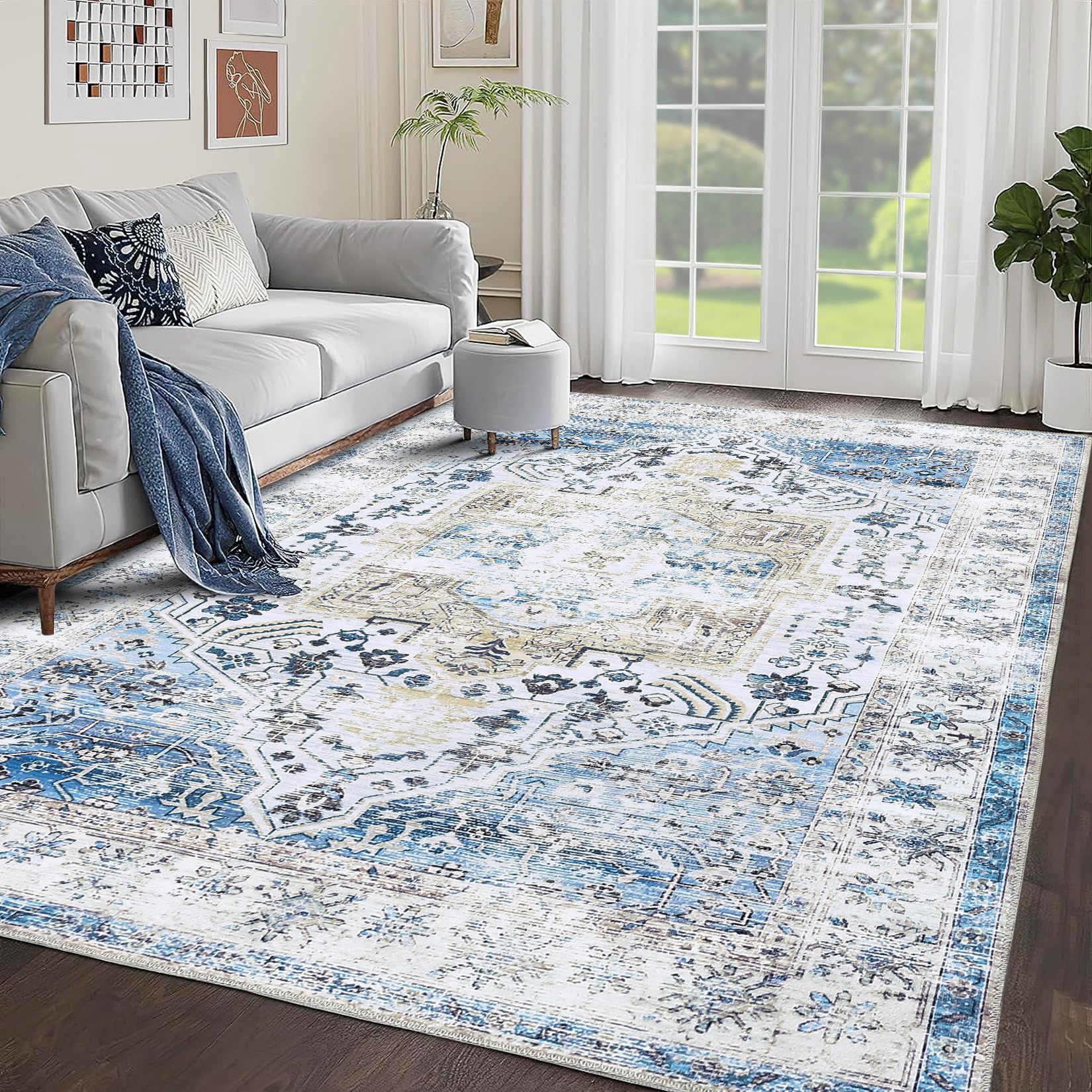 Garvee Tappeto Vintage Lavabile Antiscivolo Ultra Sottile Poliestere Blu 160x230 cm Interni Casa Ufficio