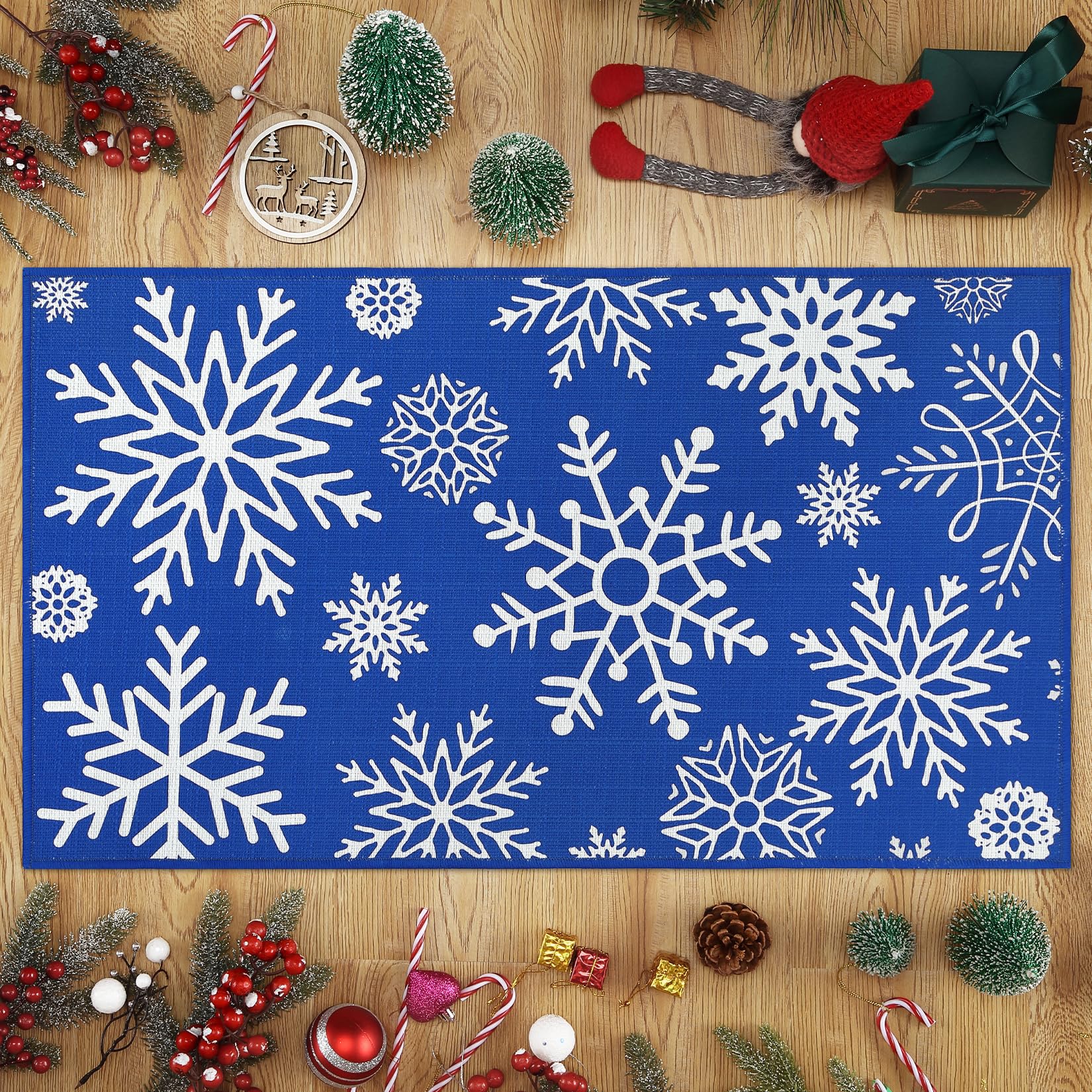 Zerbino Garvee Kerst 50x80 cm Lavabile Antiscivolo Decorazione Natalizia Fiocchi di Neve Rossi Blu Per Ingresso Cucina Camera da Letto