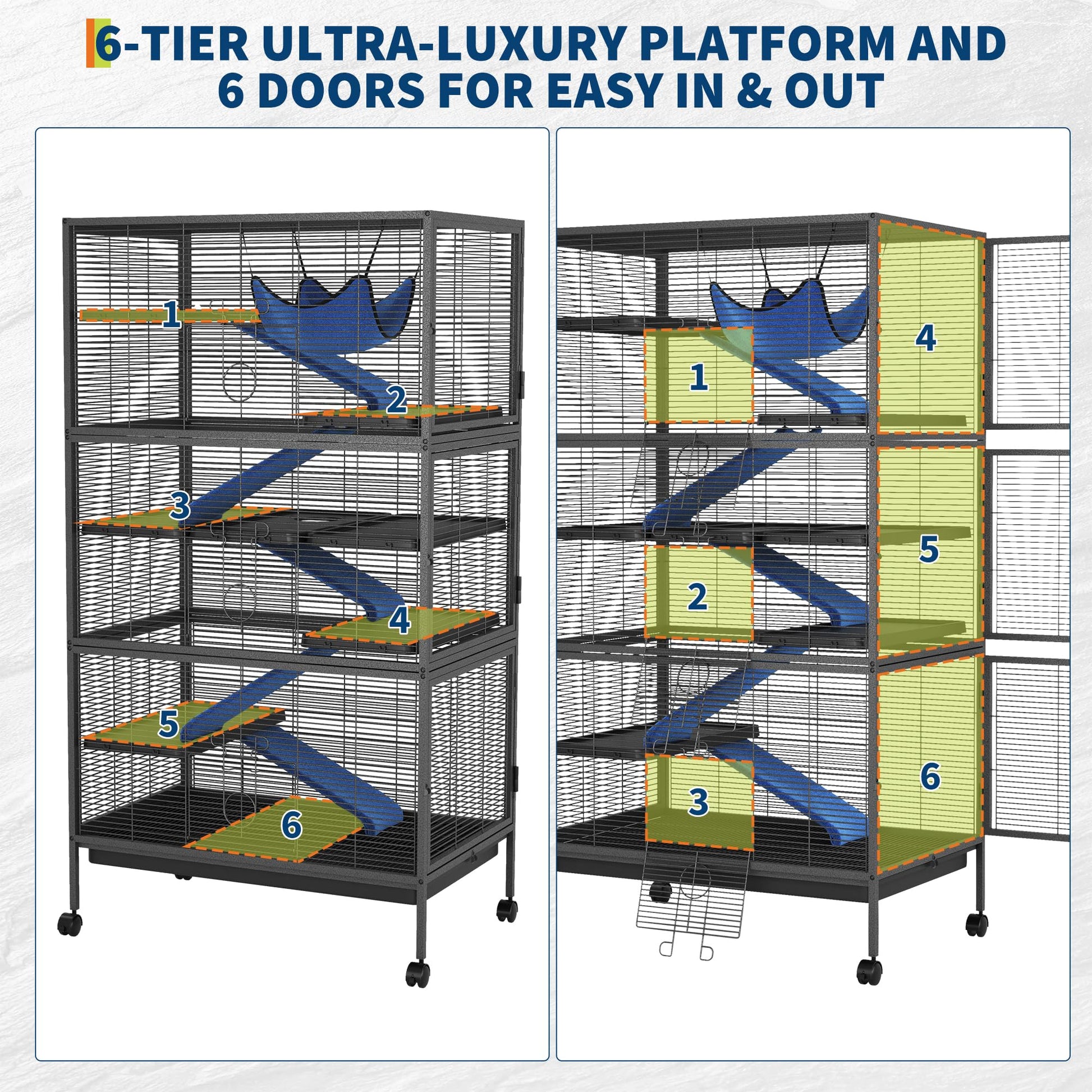 Gabbia per piccoli animali Garvee a 6 piani con rampe e piattaforme per porcellini d'India, conigli e cincillà, 31,9" x 20,5" x 58,6" in metallo, su ruote
