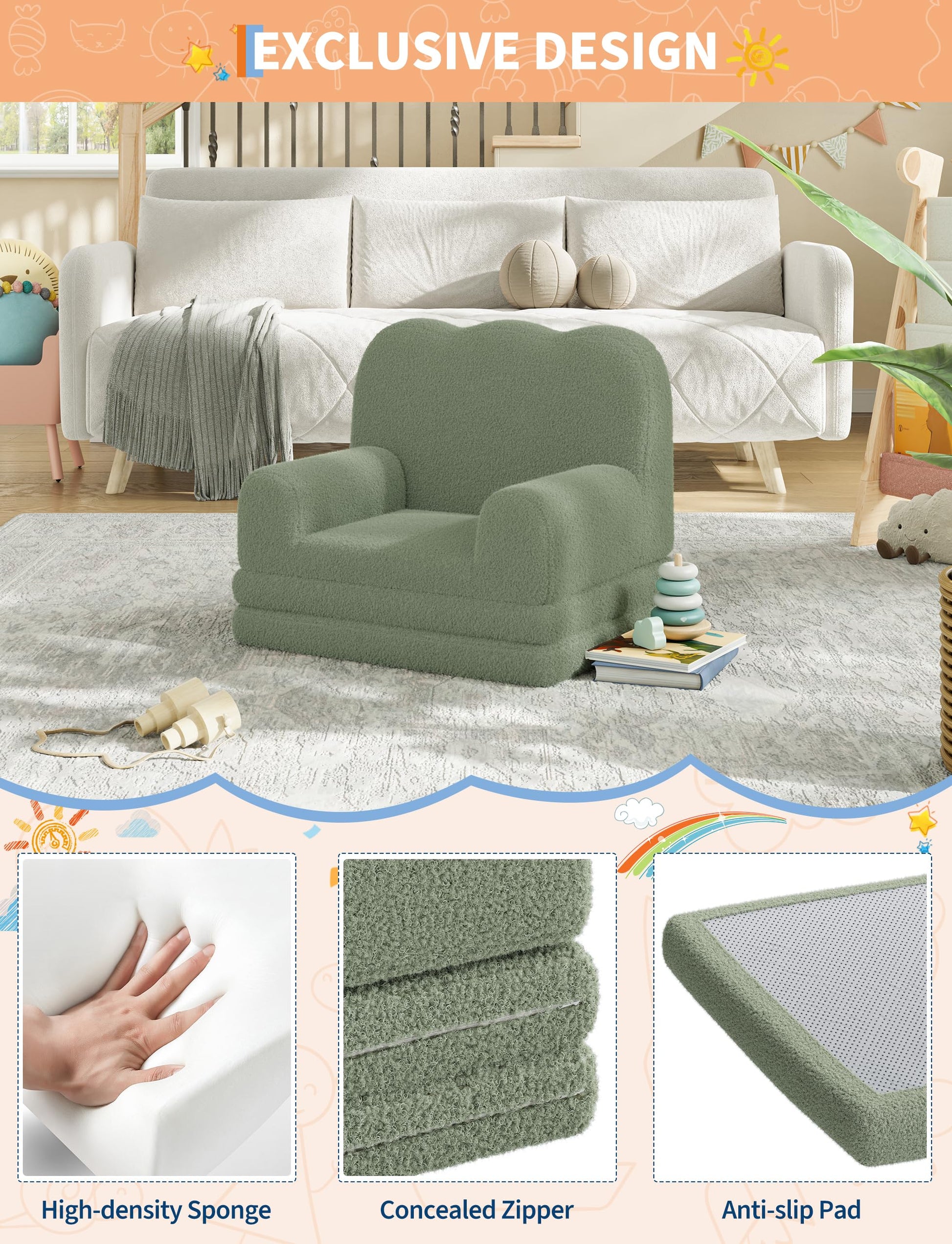 Divano e chaise longue pieghevole 2 in 1 Garvee Kids Couch, schiuma, morbido Sherpa, motivo a onde verdi, sala giochi, leggero, base antiscivolo