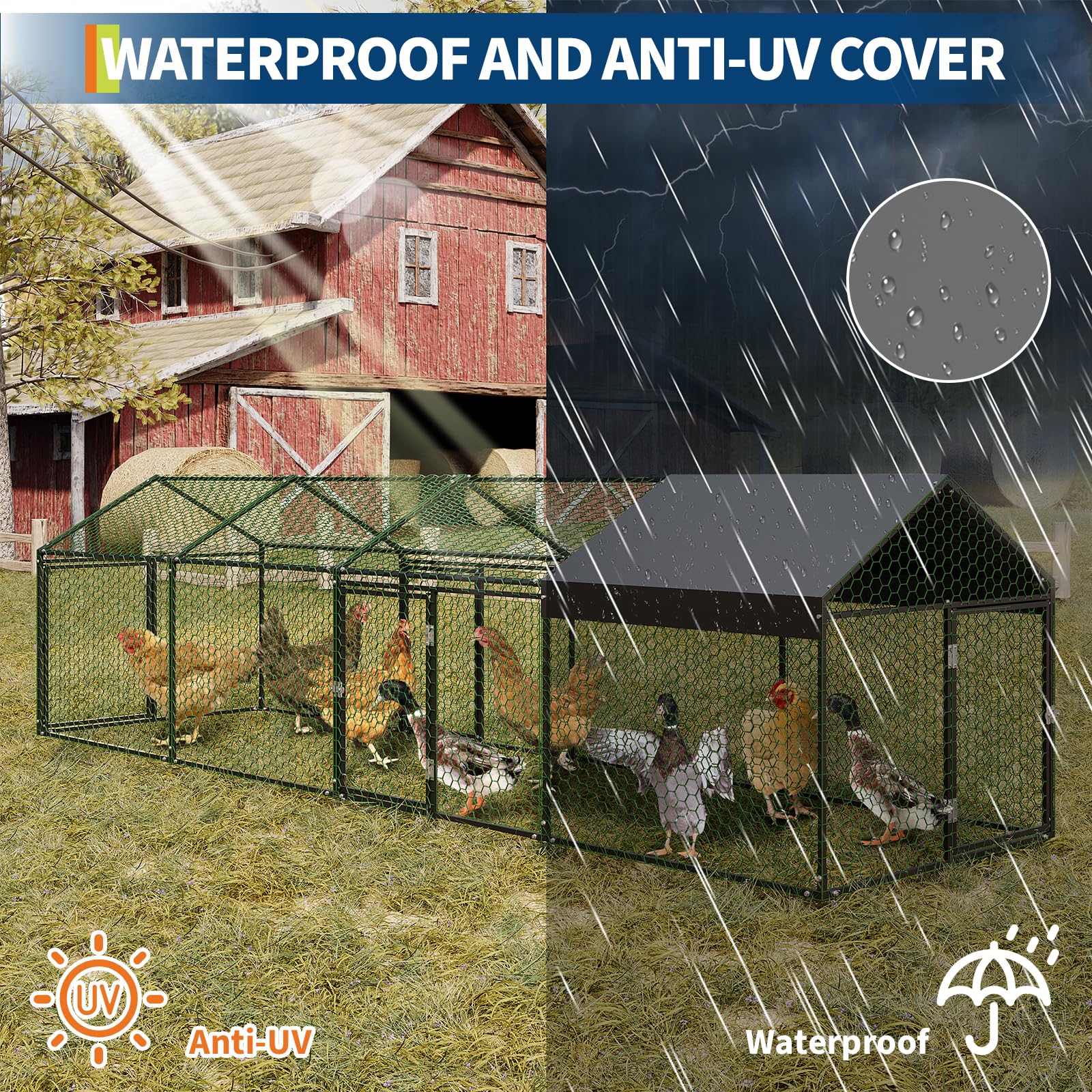 Pollaio Garvee Large 160 x 40 x 40 pollici con 4 porte, acciaio zincato, resistente alle intemperie, sicuro per polli, conigli e anatre