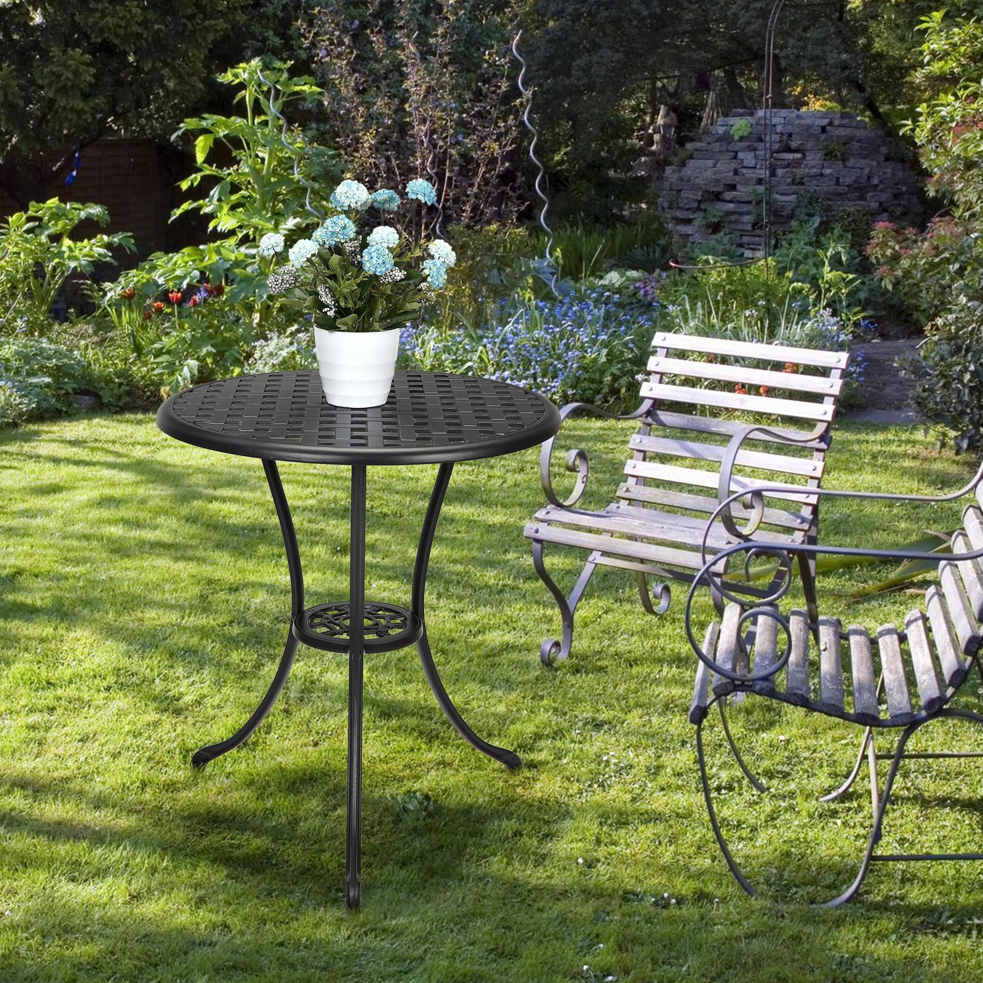 Tavolo da bistro da giardino Garvee rotondo da 24" con foro per ombrellone da 2" in alluminio resistente a tutte le intemperie, ferro robusto, nero classico, balcone e giardino