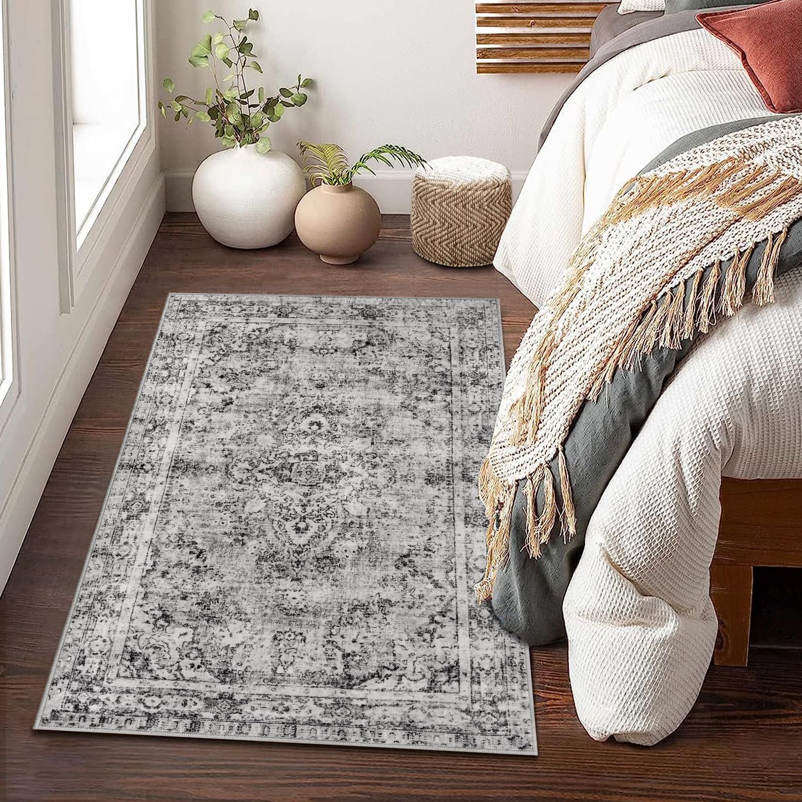 Tappeto a pelo corto Garvee grigio 80 x 150 cm boho vintage moderno soggiorno camera da letto tappeto lavabile