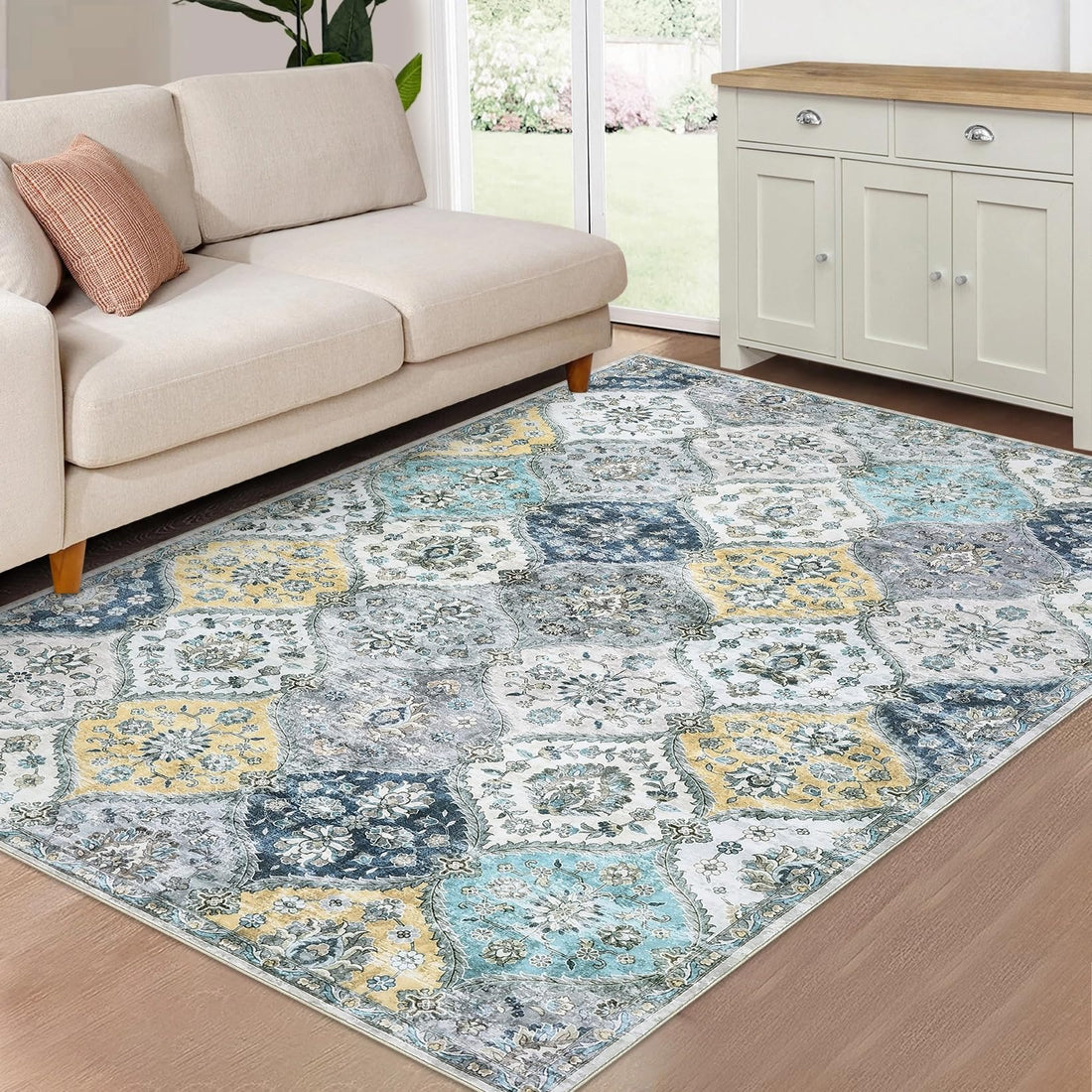 Tappeti vintage lavabili Garvee 120x170cm, pieghevoli, a pelo corto, per interni, soggiorno, blu e giallo
