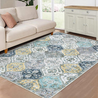 Tappeti vintage lavabili Garvee 120x170cm, pieghevoli, a pelo corto, per interni, soggiorno, blu e giallo