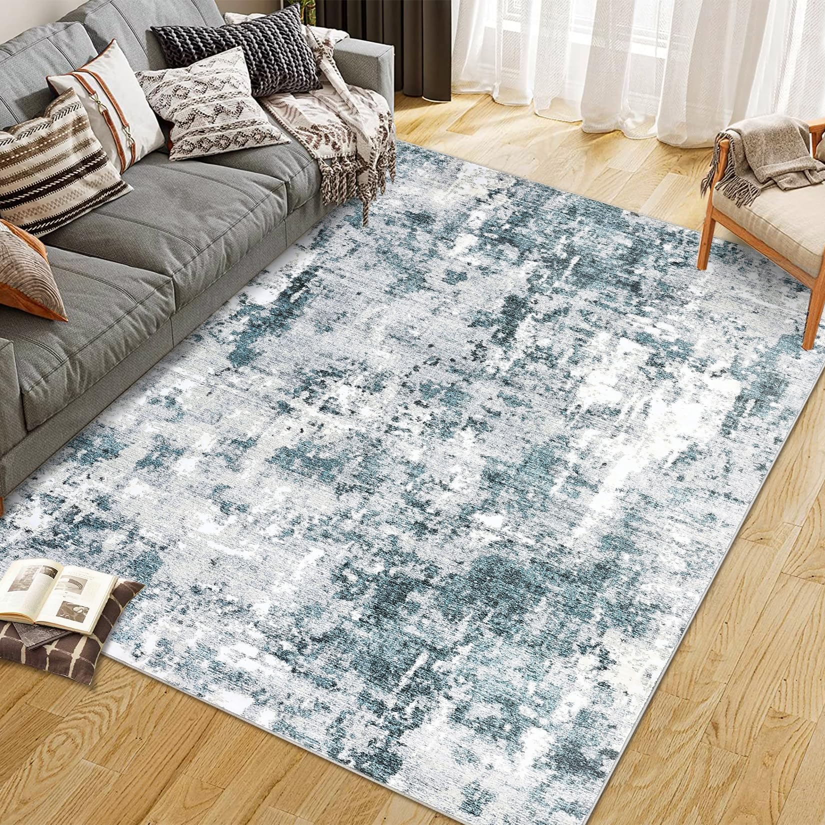 Tappeti grandi Garvee Abstract blu/marrone per soggiorno 120x170 cm, tappeto a pelo corto antiscivolo lavabile per uso interno