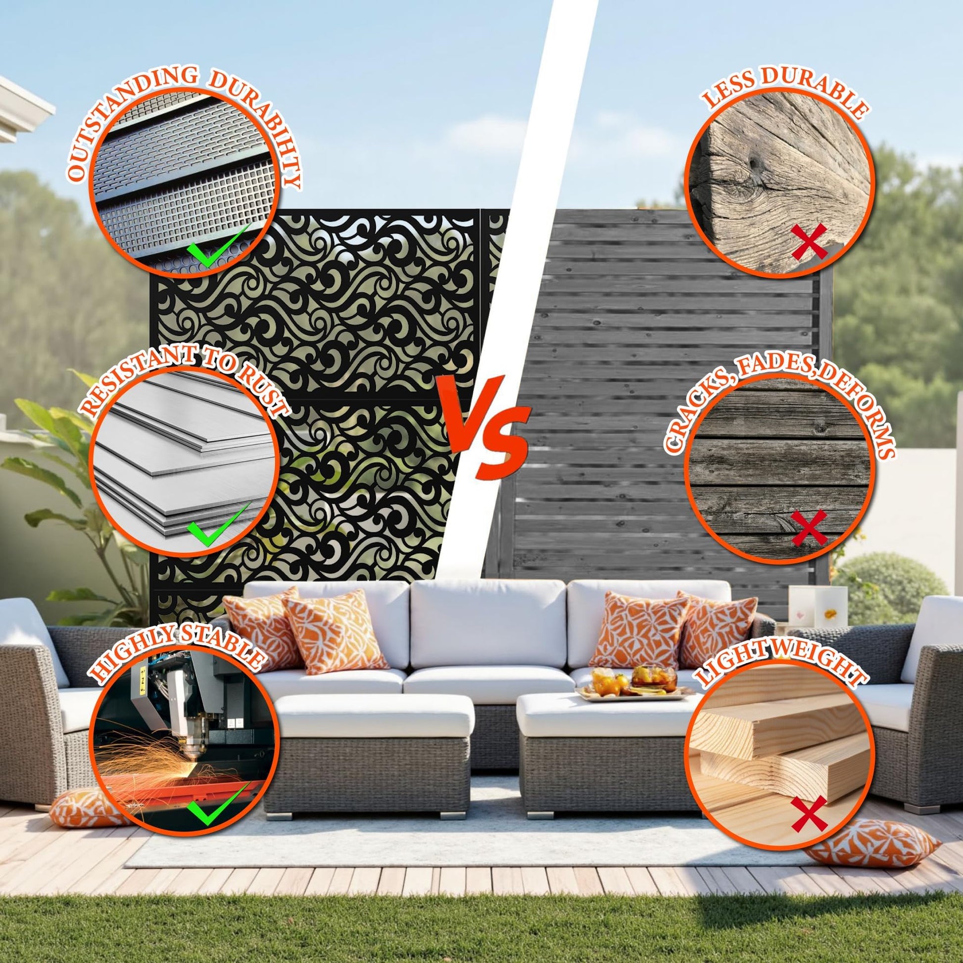 Pannelli metallici per schermatura della privacy da esterno Garvee 72"x47" resistenti alle intemperie, robusti, verniciati a polvere, autoportanti, per giardino, terrazza, balcone, neri