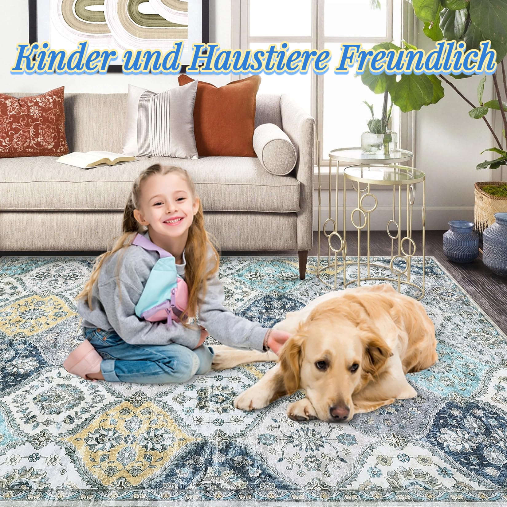 Tappeto lavabile per soggiorno Garvee 200x290 cm, tappeto vintage blu giallo antiscivolo
