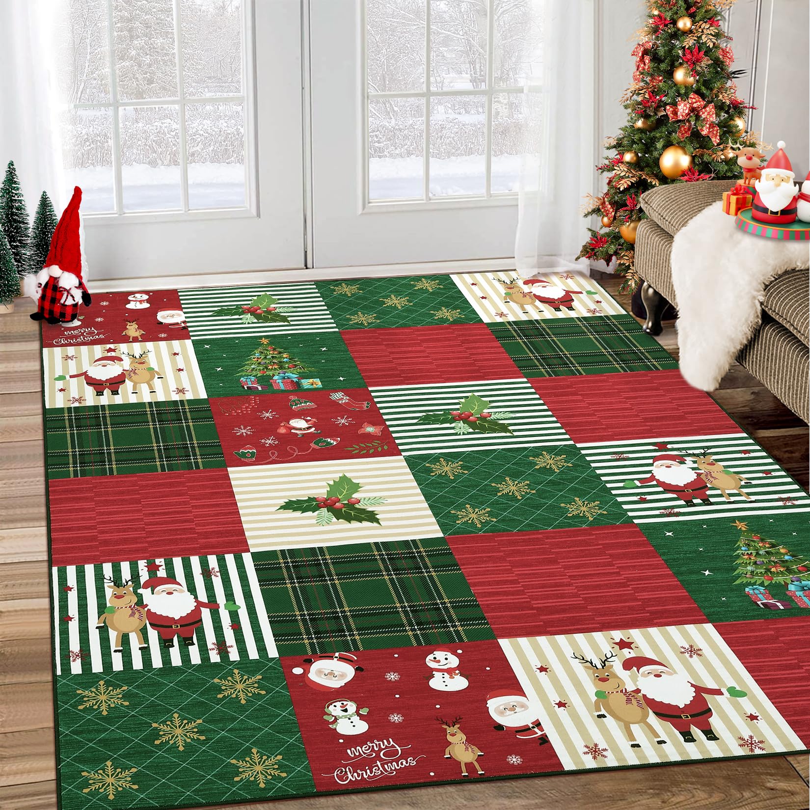 Tappeto natalizio Garvee, rosso e verde con motivo a campanelle, fiocchi di neve e alci, grande, lavabile, pelo corto, per interni, 140x200 cm