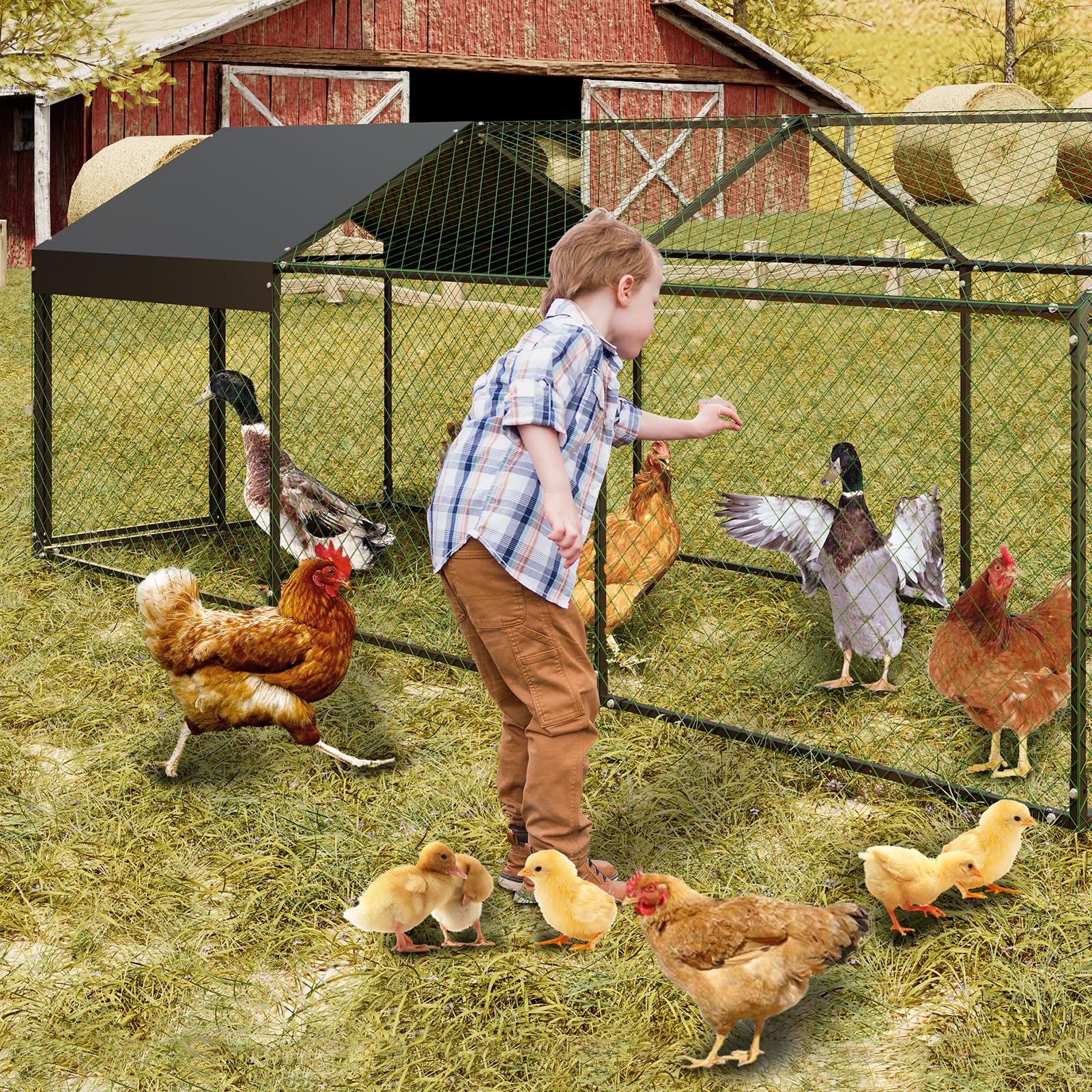 Pollaio Garvee grande 120x40x40 con 3 scomparti, resistente alle intemperie, struttura in acciaio robusto, protezione sicura per polli e conigli, nero