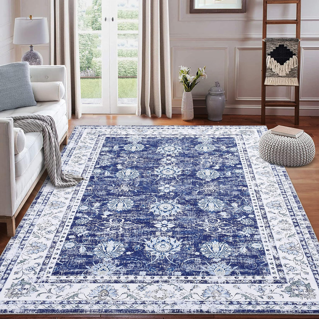 Tappeto lavabile Garvee 120x170cm antiscivolo a pelo corto in cotone vintage blu navy per soggiorno, sala da pranzo, ufficio