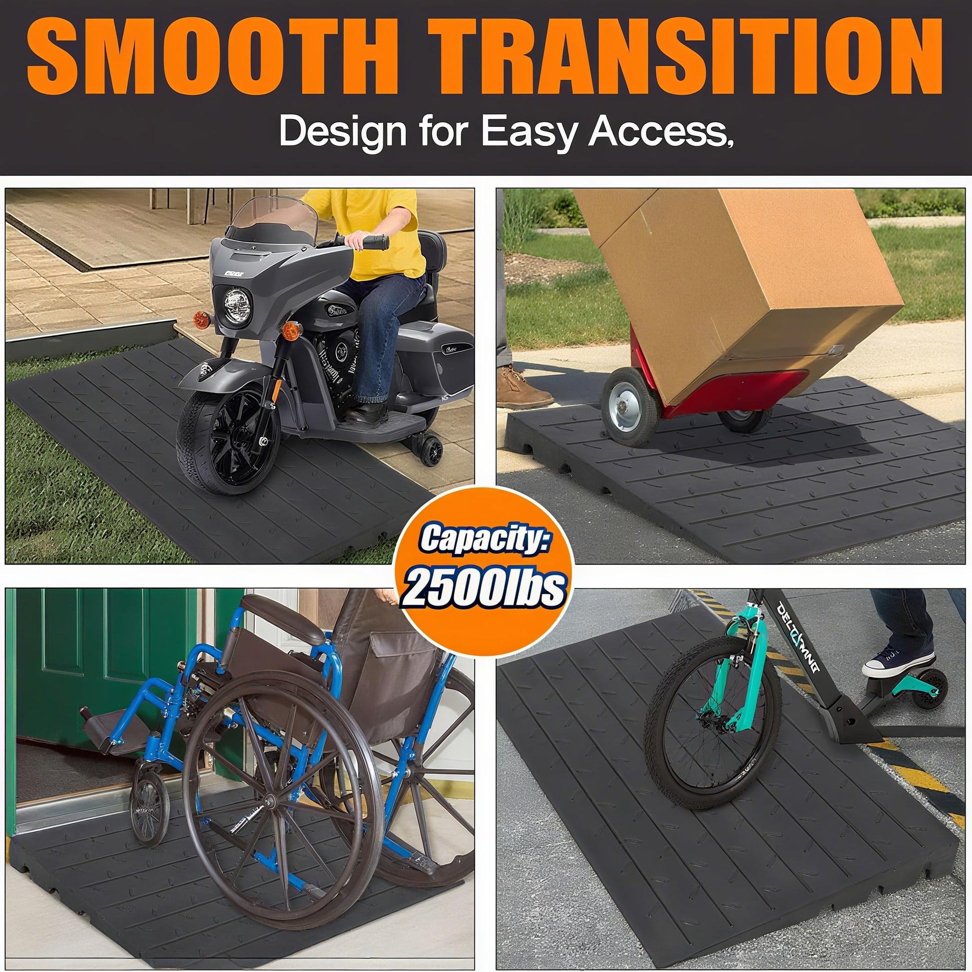 Rampa di transizione per soglia Garvee da 3" con capacità di carico di 2500 libbre, in gomma antiscivolo, per sedia a rotelle e scooter, approvata universalmente, nera