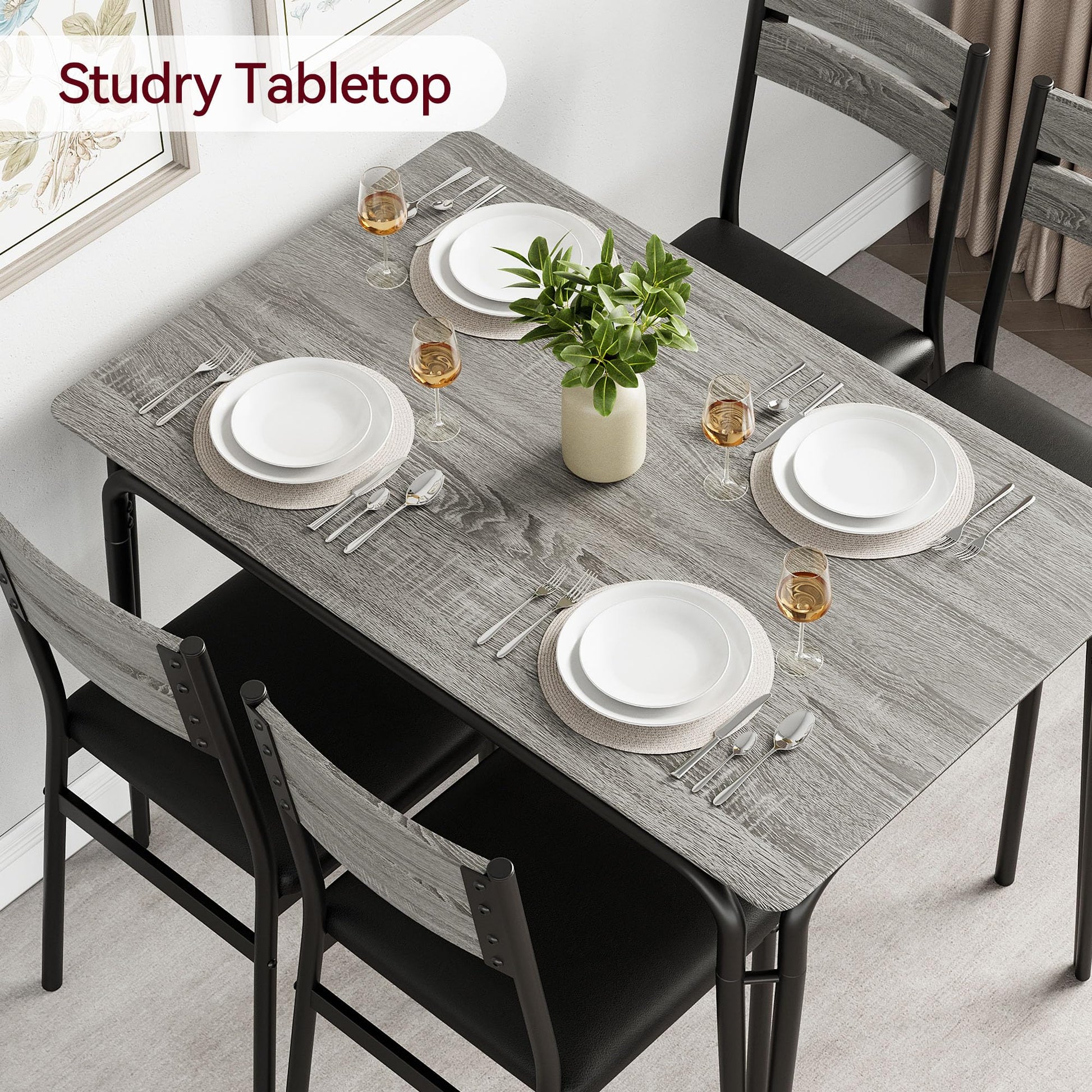 Tavolo da pranzo Garvee per 2 persone con sedie imbottite, legno MDF, struttura in metallo, salvaspazio, piccoli appartamenti, quadrato, grigio