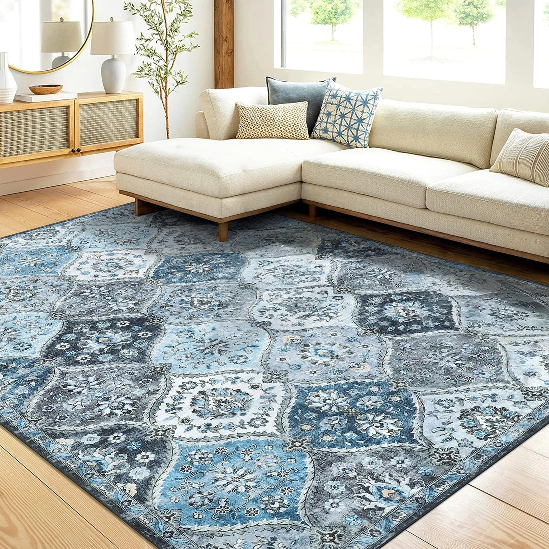 Tappeti vintage lavabili Garvee 160x230cm, pieghevoli, a pelo corto, per interni, grandi, per soggiorno, morbidi e antiscivolo, per ufficio, sala da pranzo, cameretta dei bambini, grigio e blu