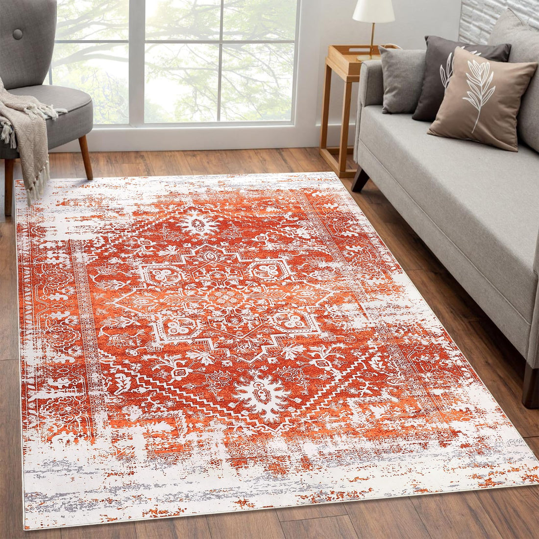 Tappeto da collezione Garvee Oriental Distressed Design 160x230 cm Arancione, Finta Lana, Antiscivolo, Facile da pulire, Tappeto per Soggiorno e Camera da Letto