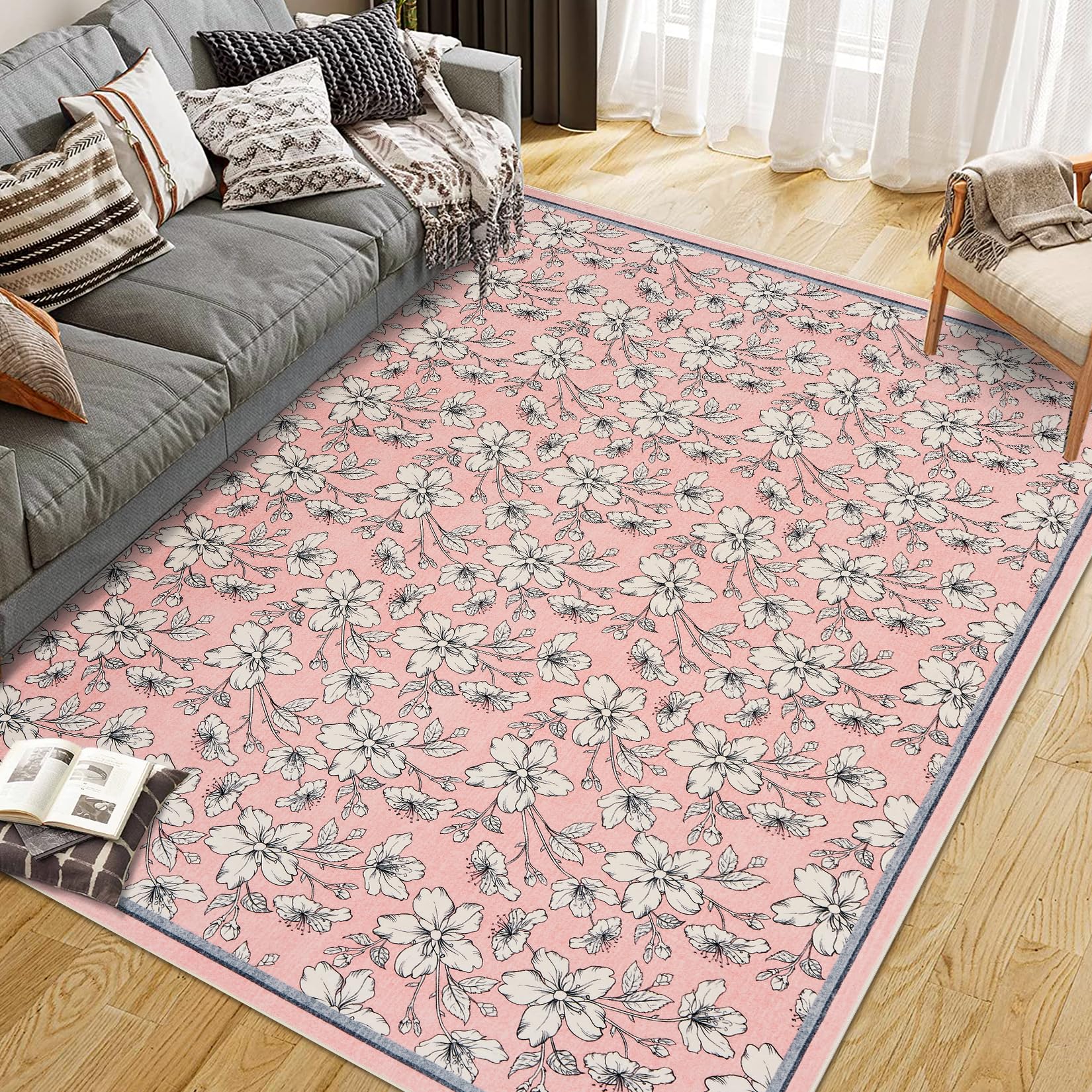 Tappeto per soggiorno Garvee lavabile con motivo floreale vintage, pelo corto, antiscivolo, morbido, grande, 160x230 cm, rosa