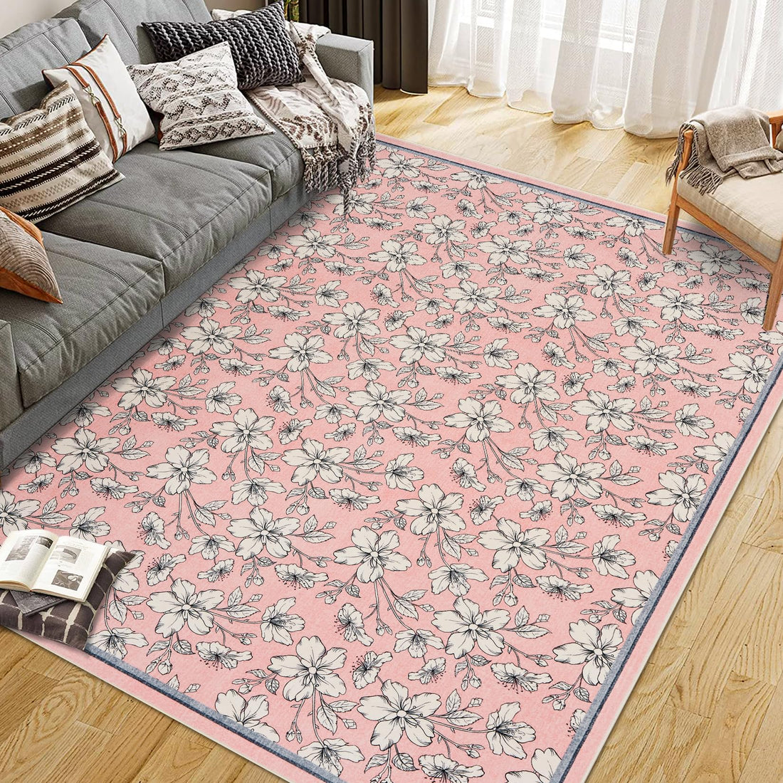 Tappeto Garvee lavabile per soggiorno, motivo floreale vintage, pelo corto, antiscivolo, morbido, per soggiorno, camera da letto, stile rustico, sala da pranzo, cameretta dei bambini, 120x170 cm, rosa