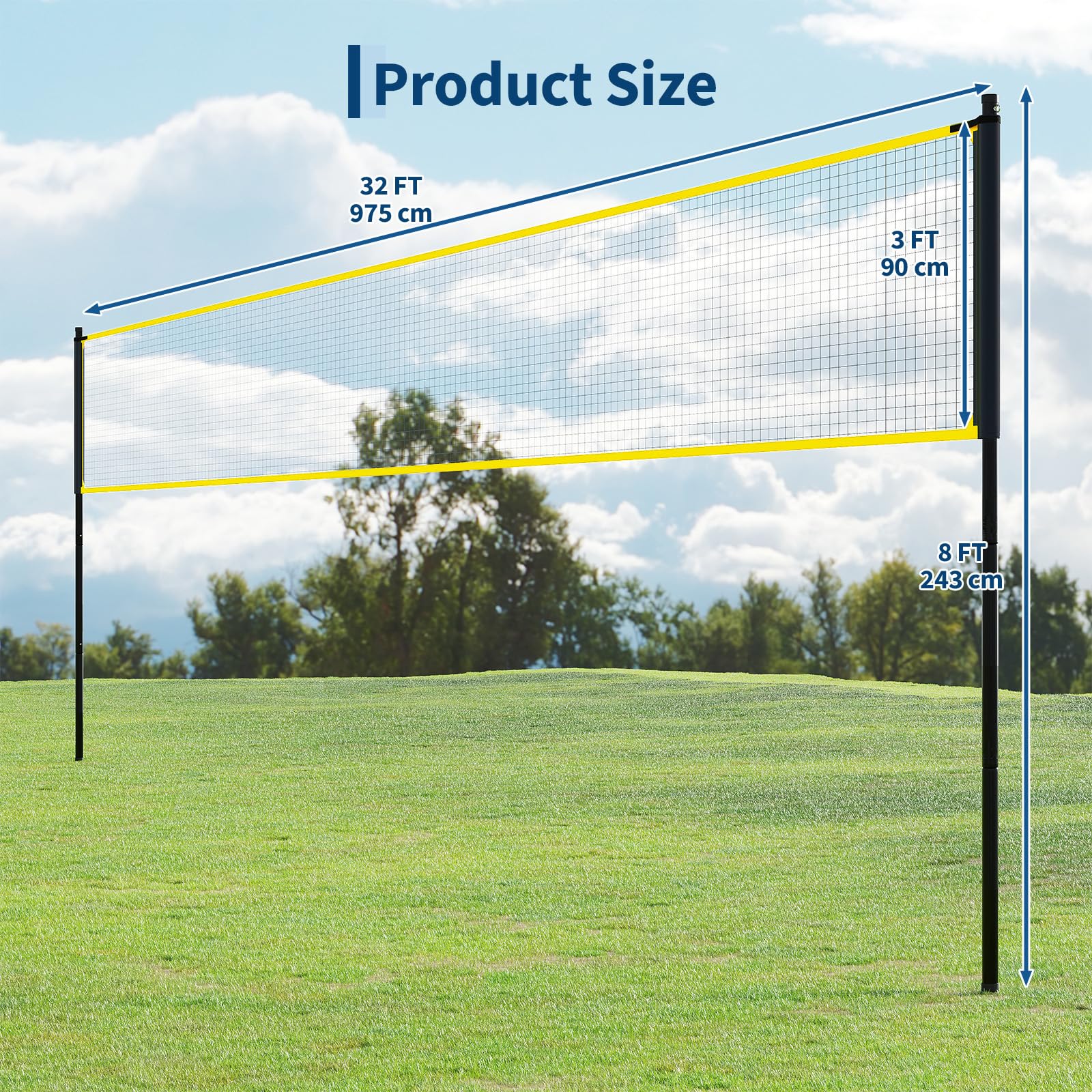 Garvee 32 piedi rete da pallavolo per esterni rete in PE resistente alle intemperie altezza regolabile autoportante portatile per giardino e spiaggia