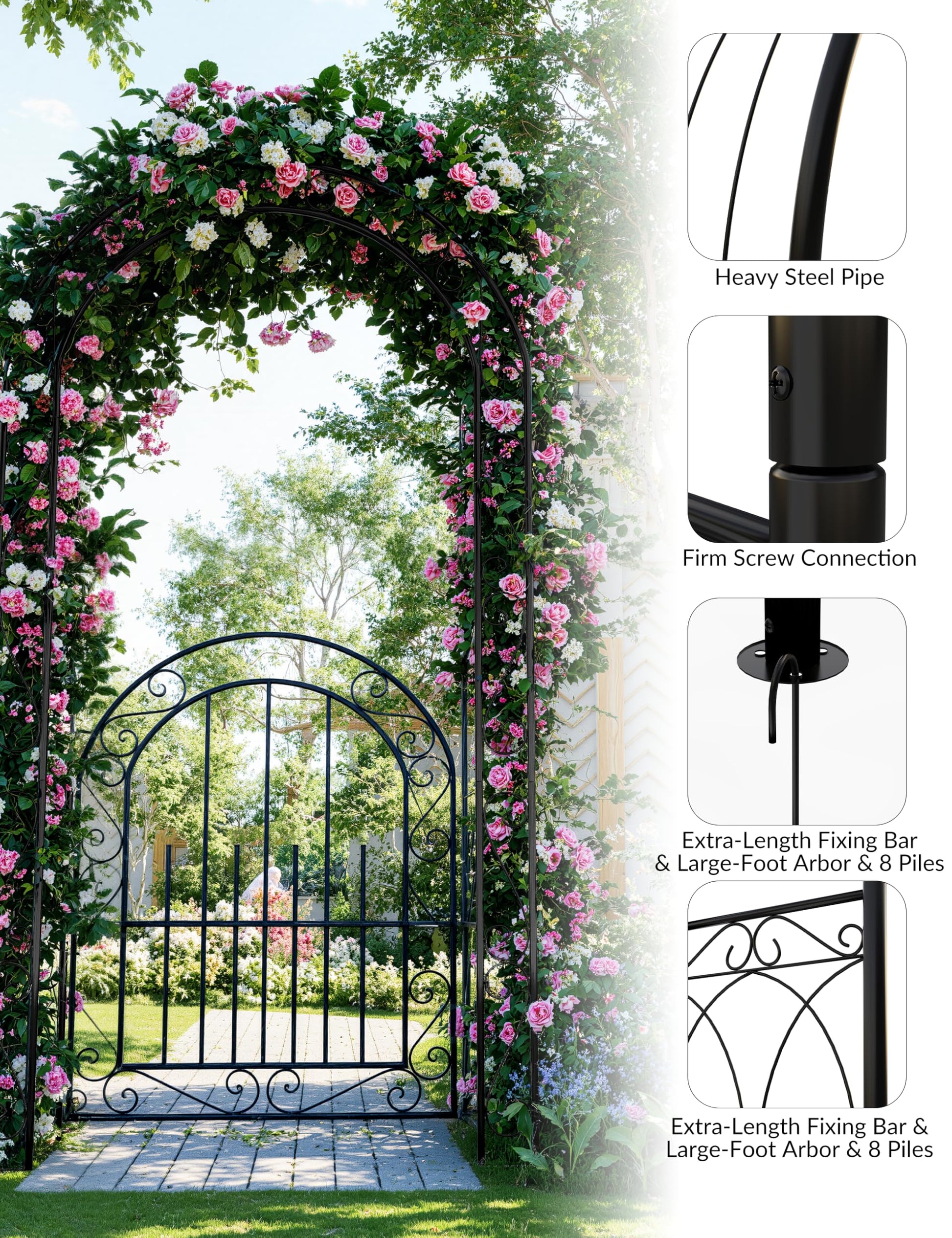 Arco da giardino in acciaio Garvee da 8 piedi, resistente alle intemperie, robusto, elegante, nero, con cancello, ideale per matrimoni e giardino