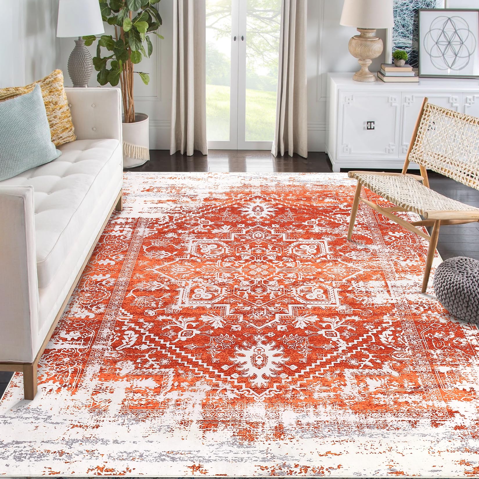 Tappeto da collezione Garvee Oriental Distressed Design 160x230 cm Arancione, Finta Lana, Antiscivolo, Facile da pulire, Tappeto per Soggiorno e Camera da Letto