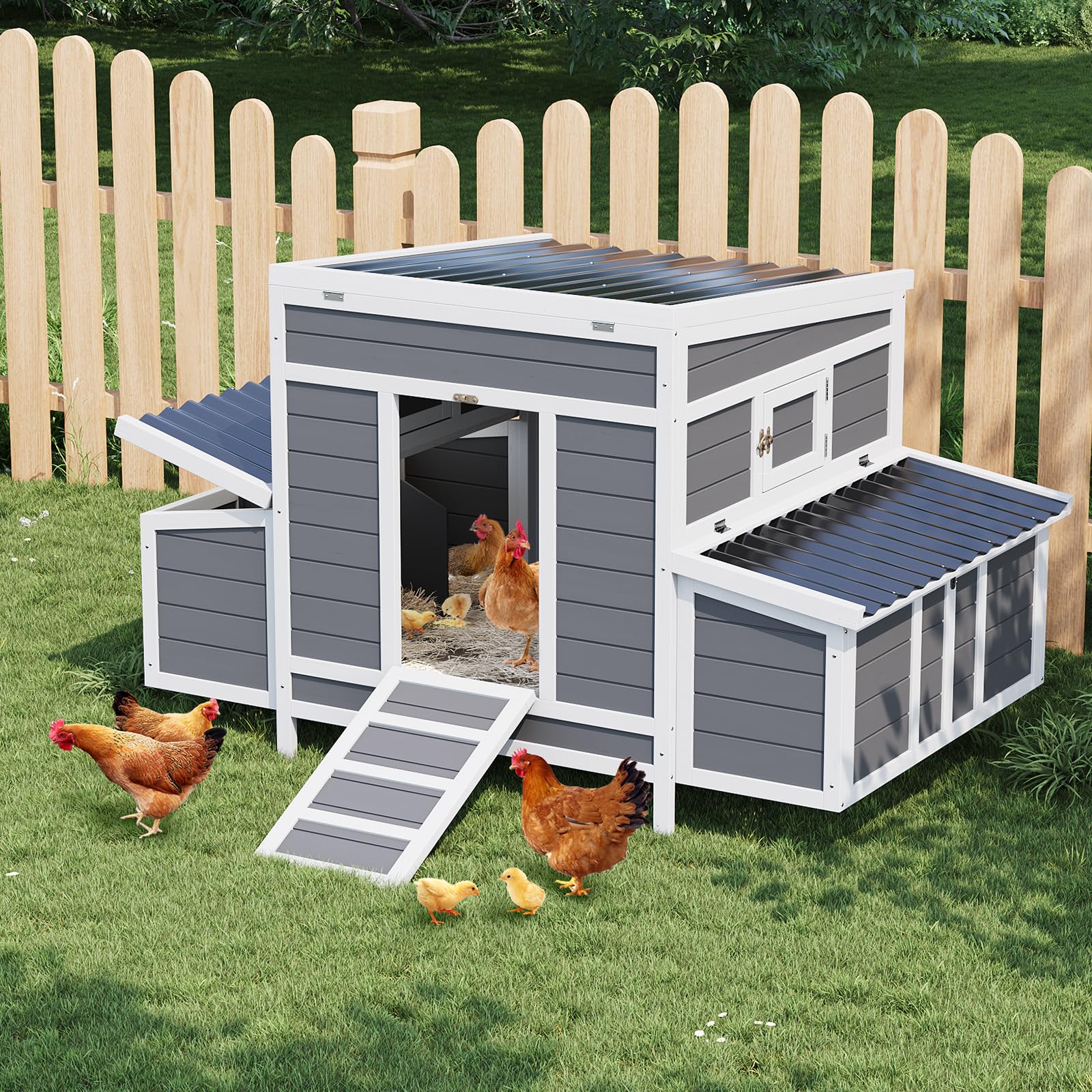 Pollaio in legno Garvee per 4-6 galline con tetto resistente alle intemperie, 2 nidi, connettori in metallo, giardino, 54x34x34 pollici, legno naturale