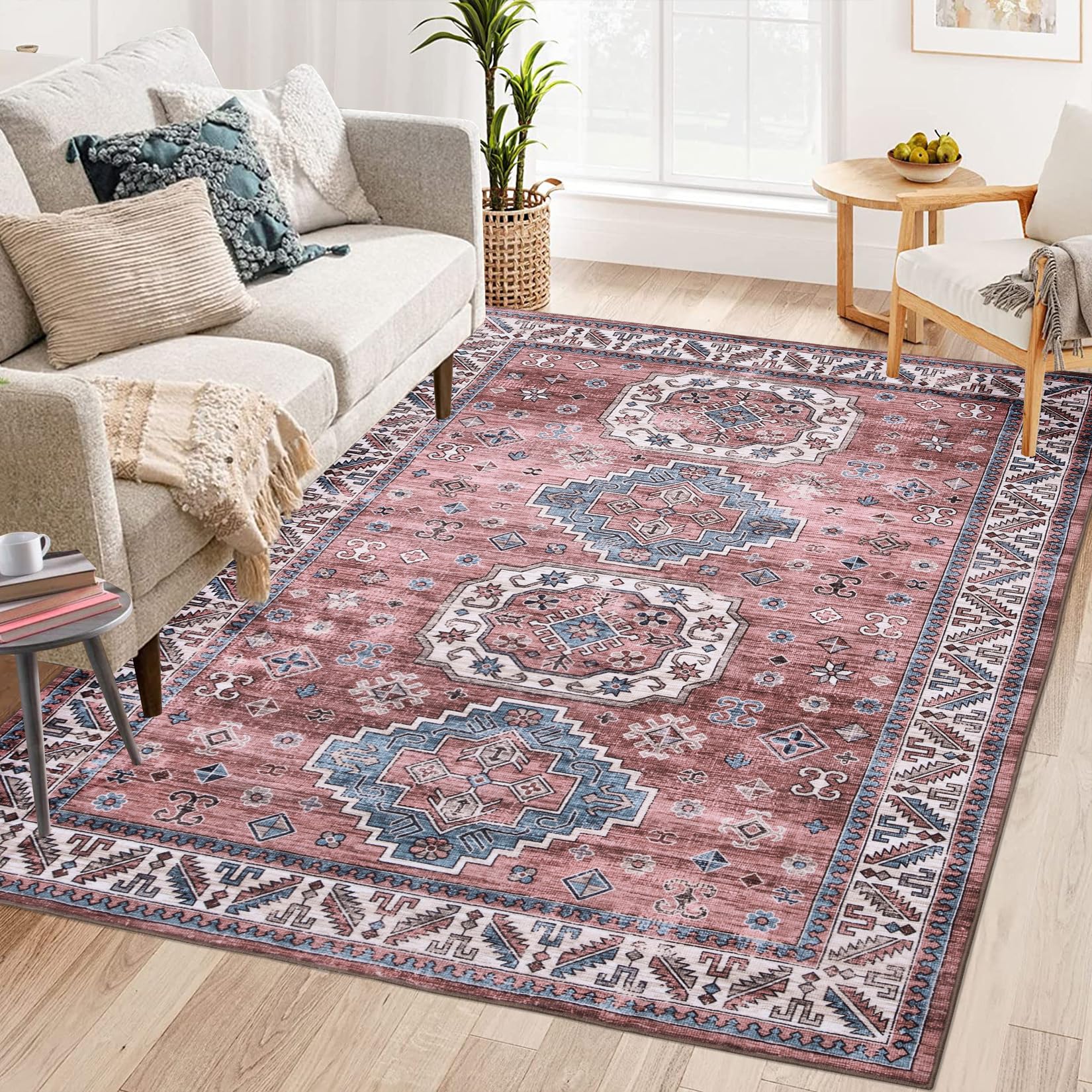 Tappeto vintage per soggiorno Garvee, morbido, lavabile, stile fattoria orientale, rosa, 160 x 230 cm