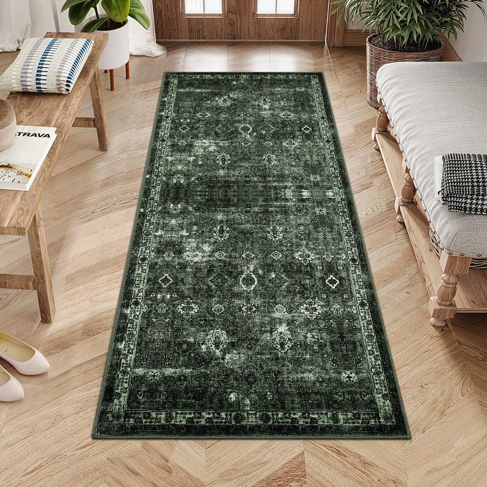 Tappeto antiscivolo a pelo corto Garvee Boho per cucina, corridoio, camera da letto, 80x150 cm, verde scuro vintage