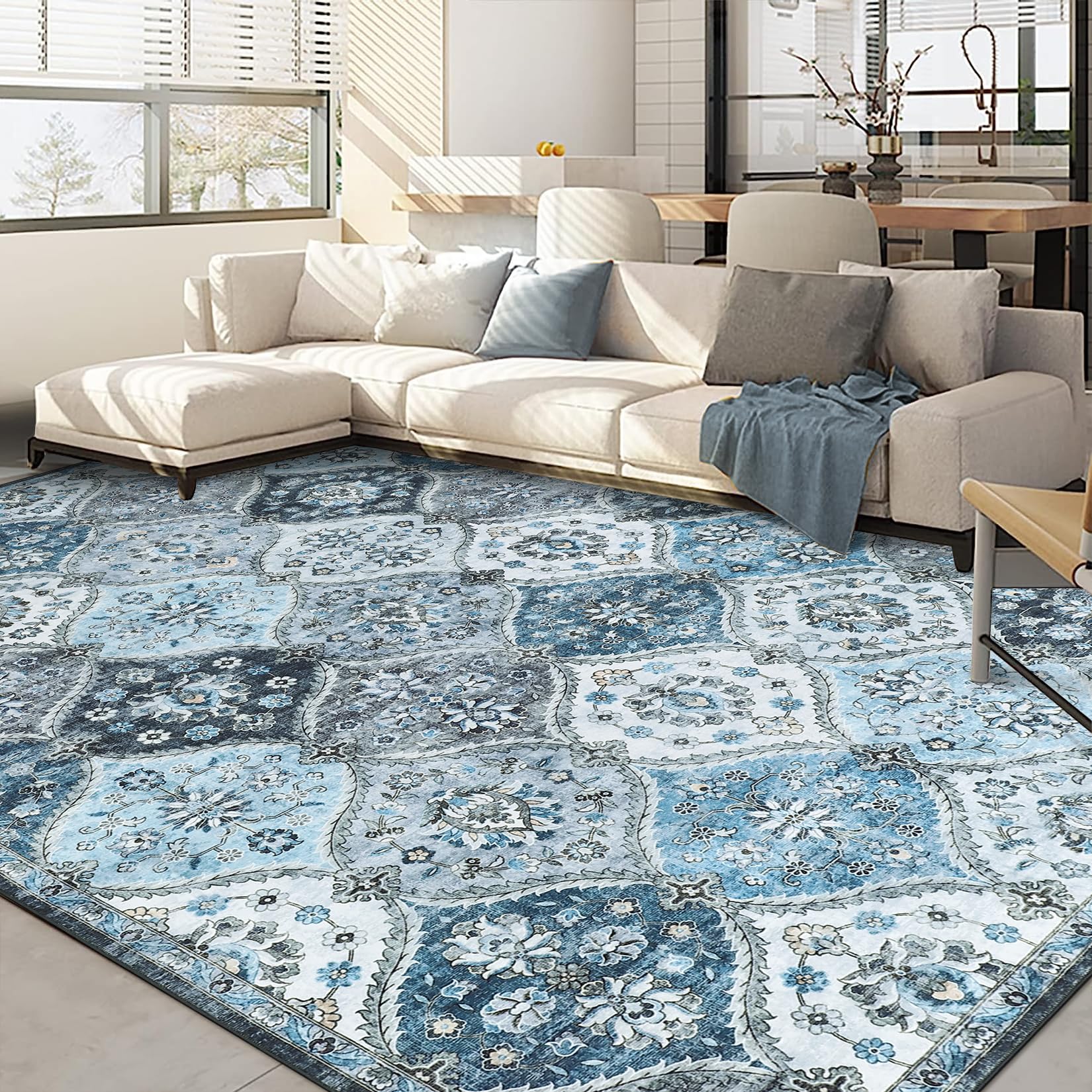 Tappeto lavabile per soggiorno Garvee 200x290 cm, grande tappeto vintage, antiscivolo, grigio blu