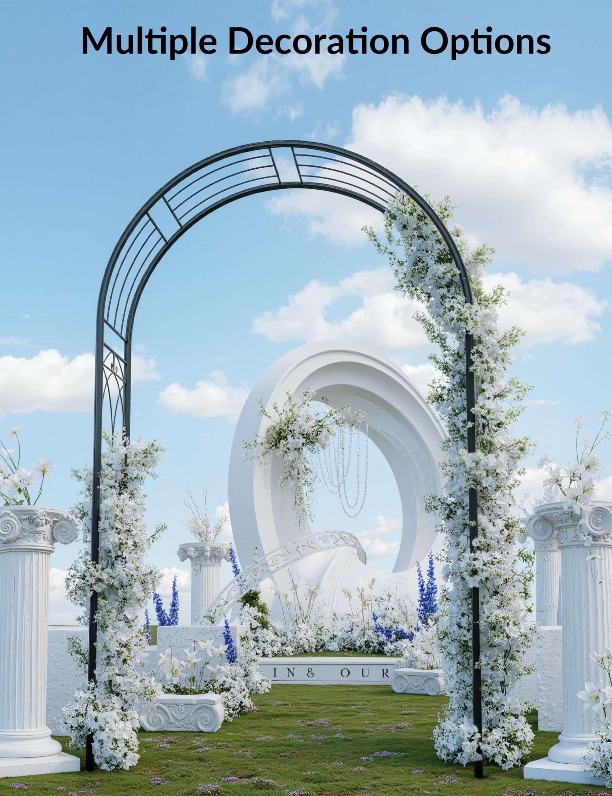 Arco da giardino Garvee da 8 piedi in acciaio, verniciato a polvere, resistente a tutte le intemperie, con picchetti per giardino e matrimoni, larghezza 150 cm, altezza 240 cm, nero