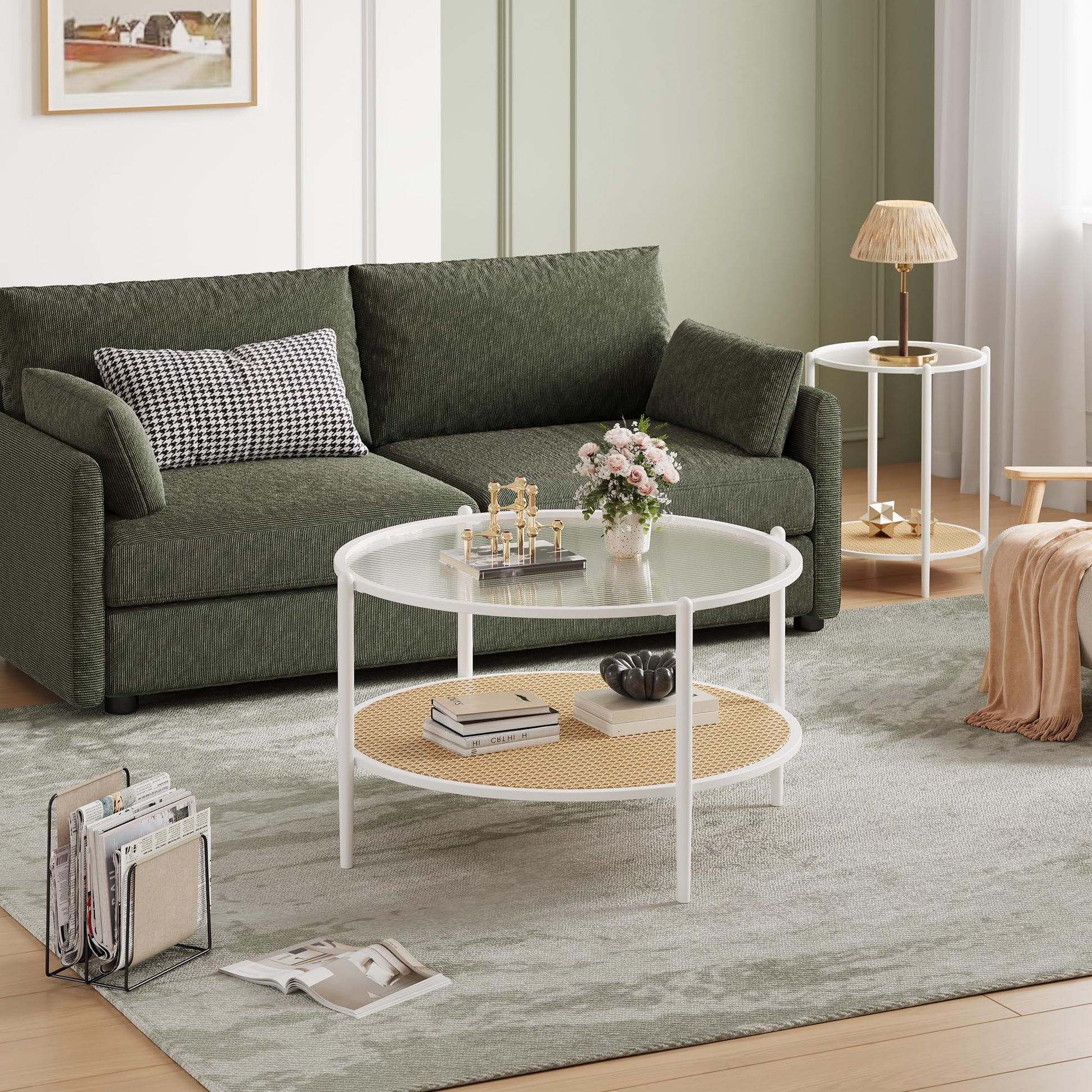 Tavolino da caffè Garvee in rattan da 30" con struttura in metallo e vetro resistente al calore per soggiorno e ufficio, bianco, 30 pollici