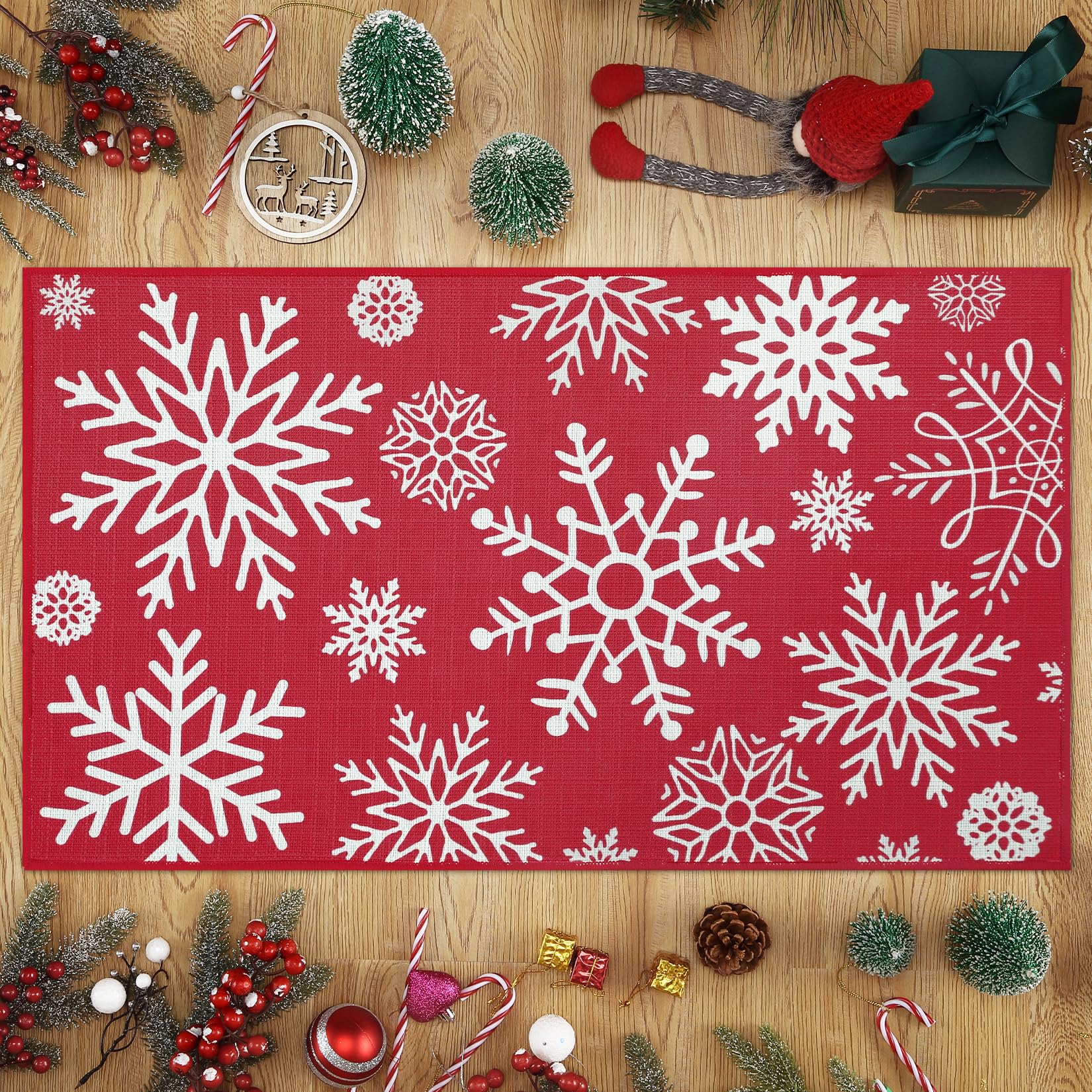 Garvee Kerst Deurmat 40x60 cm Rosso Lavabile Antiscivolo Motivo Fiocco di Neve Per Ingresso Cucina Camera da Letto