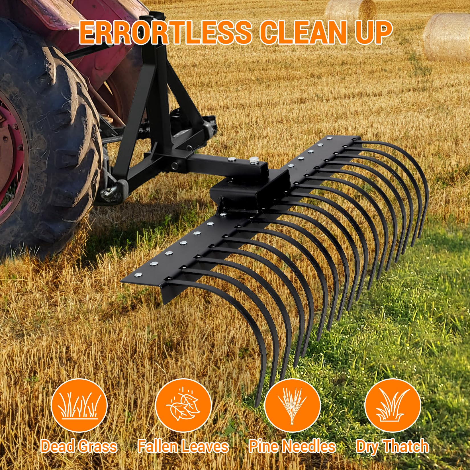 Rastrello da giardino Garvee da 49 pollici per trattore ATV UTV, 17 denti in acciaio sostituibili, acciaio al carbonio per impieghi gravosi, supporto da 2 pollici, giardino e campo, nero