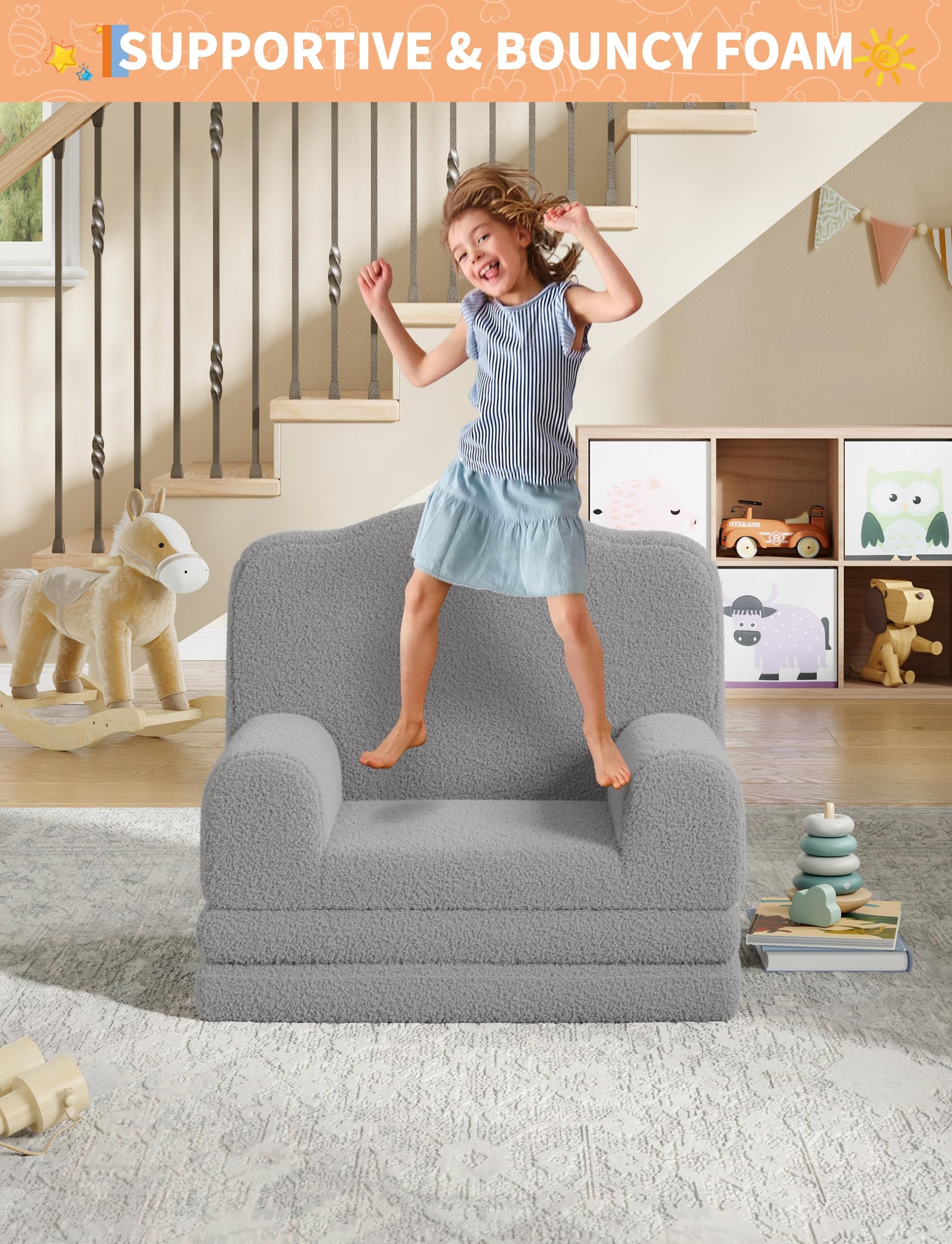 Divano per bambini Garvee 2 in 1 convertibile con elevato comfort, schiuma, morbido Sherpa, antiscivolo, grigio per sala giochi, leggero e sicuro
