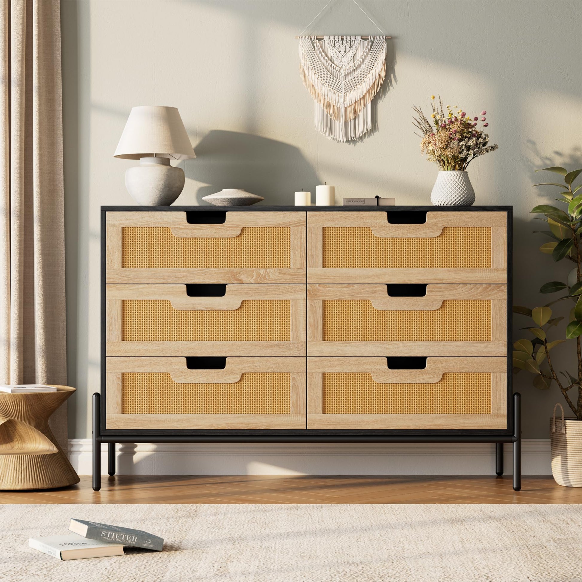 Cassettiera Garvee in rattan naturale con 6 cassetti, gambe in legno e metallo, per camera da letto e soggiorno, impermeabile, resistente, design moderno
