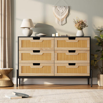 Cassettiera Garvee in rattan naturale con 6 cassetti, gambe in legno e metallo, per camera da letto e soggiorno, impermeabile, resistente, design moderno