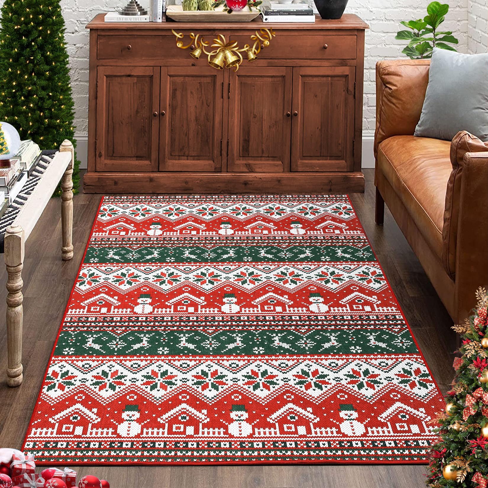 Tappeto natalizio Garvee lavabile in lavatrice, motivo pupazzo di neve, antiscivolo, per soggiorno, 120x170 cm, multicolore