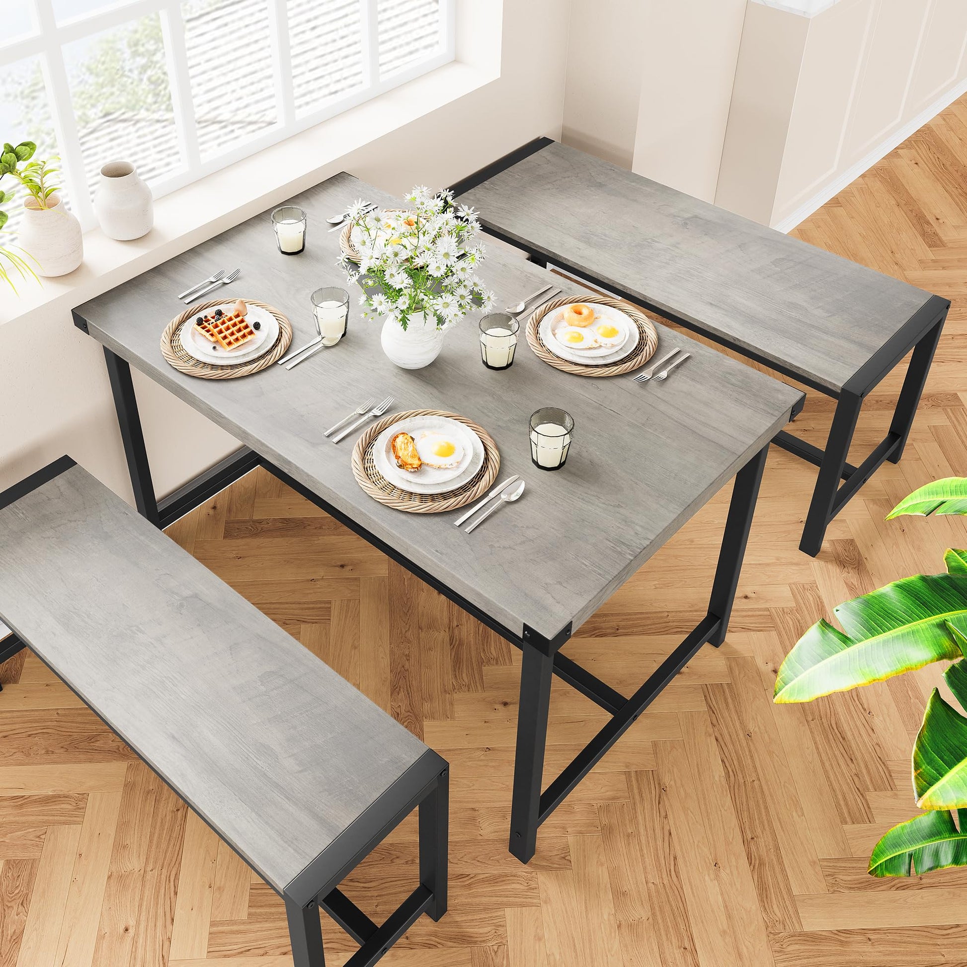 Set da pranzo Garvee per 4 persone con 2 panche, robusto MDF e acciaio, grigio, cucina e sala da pranzo, salvaspazio