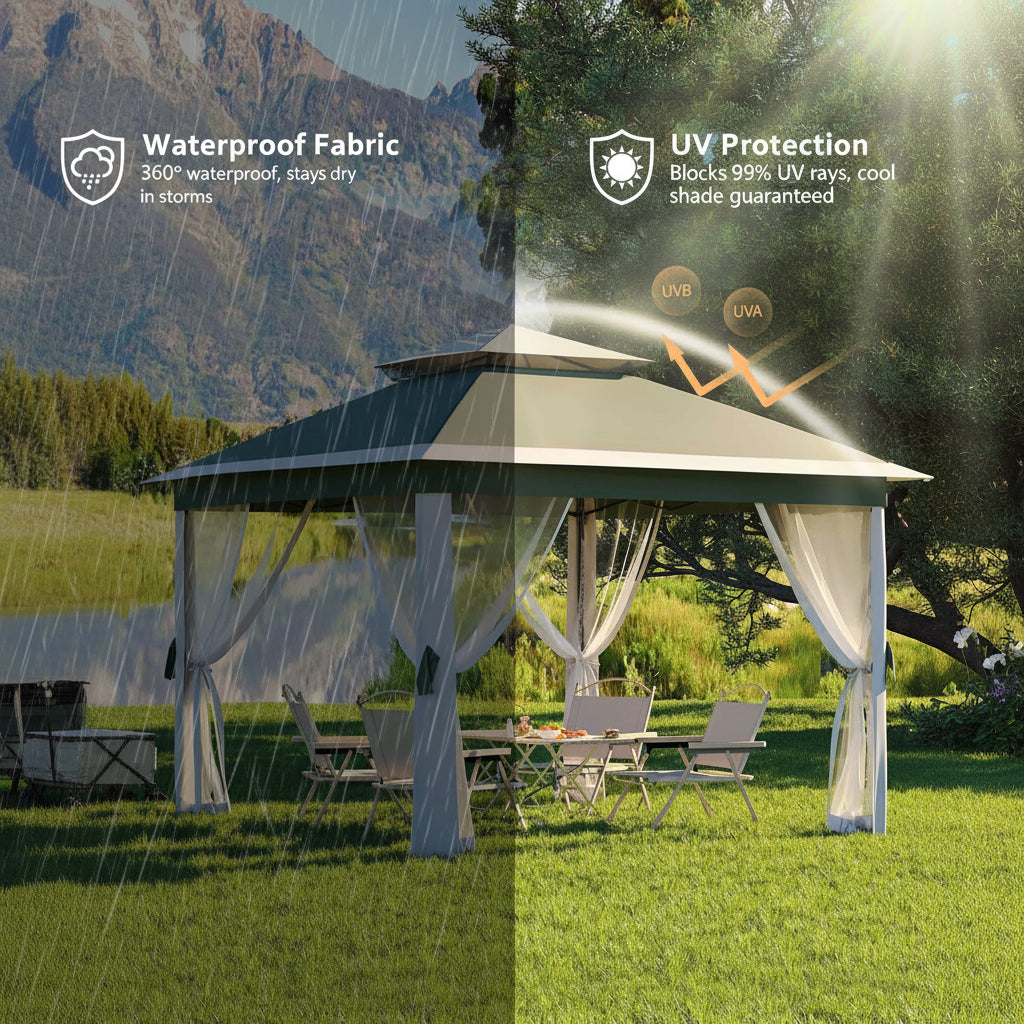 Gazebo Garvee Pop Up 11x11 ft con Zanzariera, Telo Oxford 600D, Regolabile 3 Altezze, Metallo, Giardino e Barbecue, Resistente all'Acqua e UV