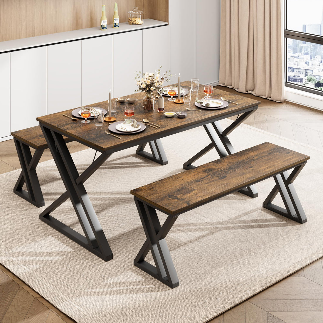 Tavolo da pranzo Garvee con 2 panche, struttura in metallo, legno MDF, antigraffio per cucina e sala da pranzo, salvaspazio, marrone