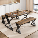 Tavolo da pranzo Garvee con 2 panche, struttura in metallo, legno MDF, antigraffio per cucina e sala da pranzo, salvaspazio, marrone