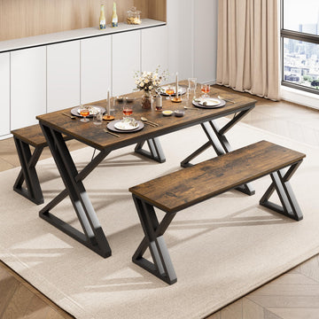 Tavolo da pranzo Garvee con 2 panche, struttura in metallo, legno MDF, antigraffio per cucina e sala da pranzo, salvaspazio, marrone