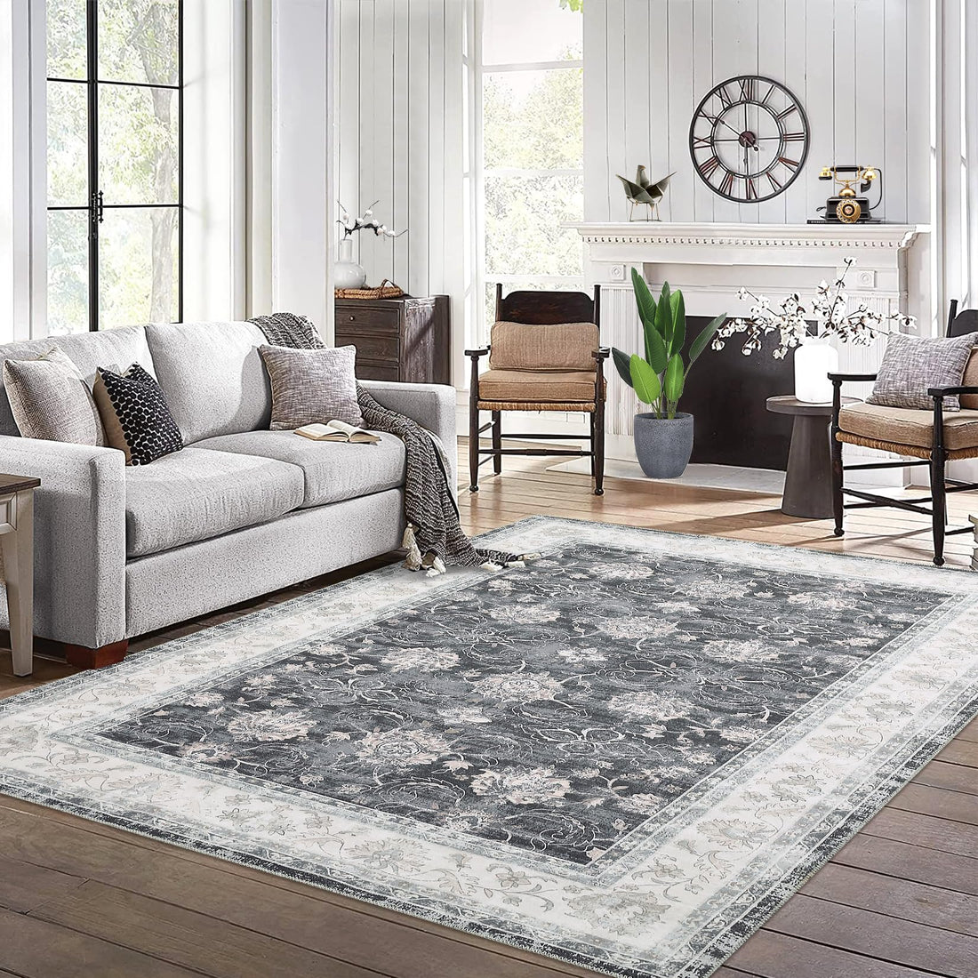Garvee Grande Tappeto Vintage Orientale 200x290 cm Grigio Scuro, Lavabile, Antiscivolo, Basso Pelo, Resistente per Soggiorno e Camera