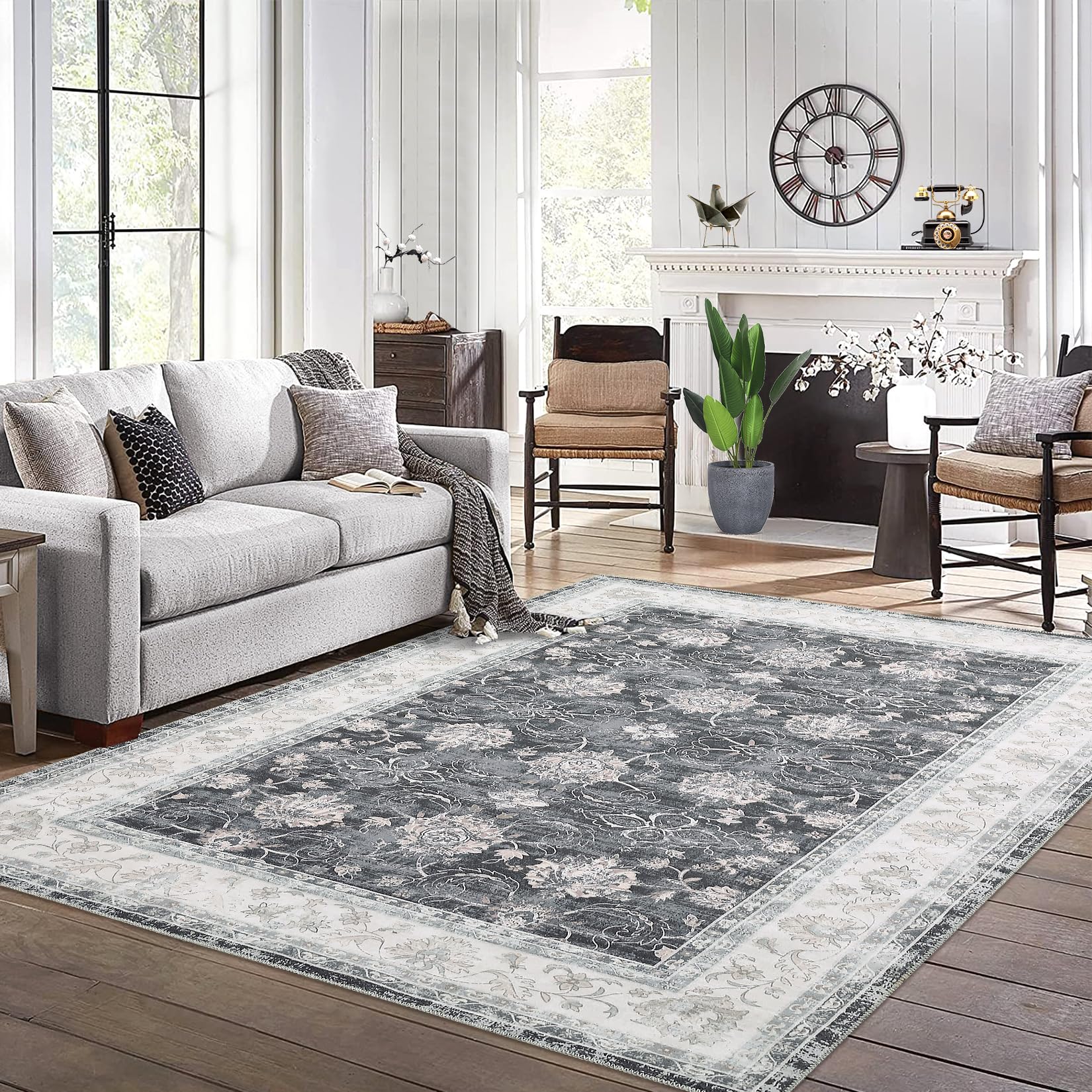 Garvee Grande Tappeto Vintage Orientale 200x290 cm Grigio Scuro, Lavabile, Antiscivolo, Basso Pelo, Resistente per Soggiorno e Camera