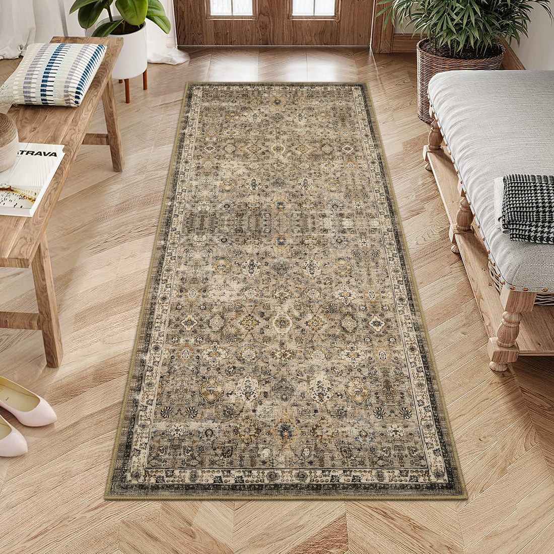 Tappeto vintage Garvee 80x150cm, lavabile, boho, antiscivolo, beige, per soggiorno, camera da letto, sala da pranzo, ufficio