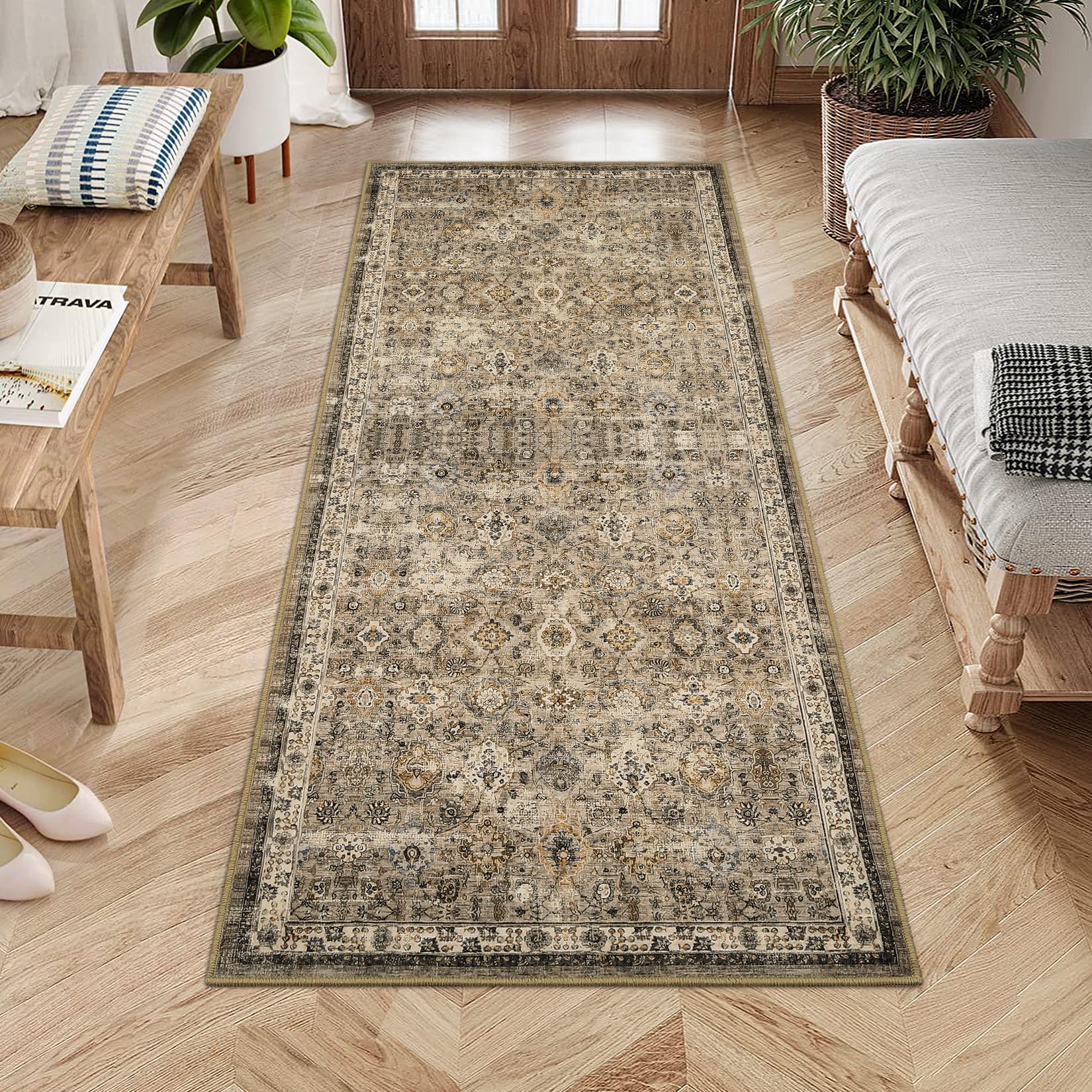 Tappeto vintage Garvee 80 x 150 cm, antiscivolo, lavabile, boho, per soggiorno, camera da letto, sala da pranzo, marrone rossiccio