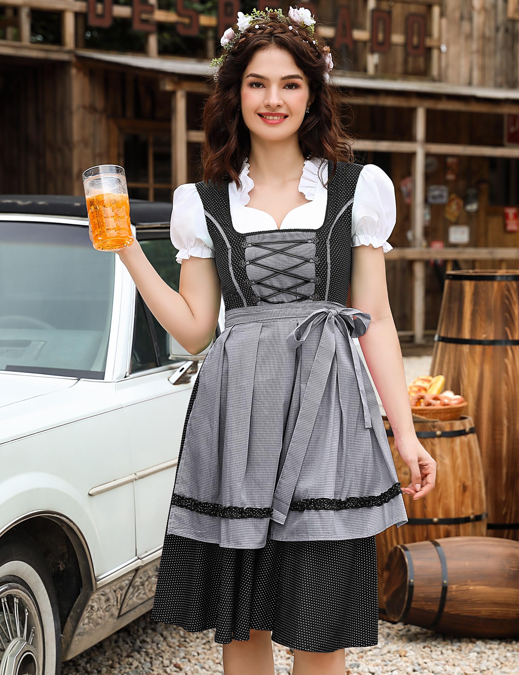 Abito tradizionale midi da donna Garvee Dirndl, nero, taglia 38, per l'Oktoberfest, in cotone floreale, scollo a V, bottoni esclusivi