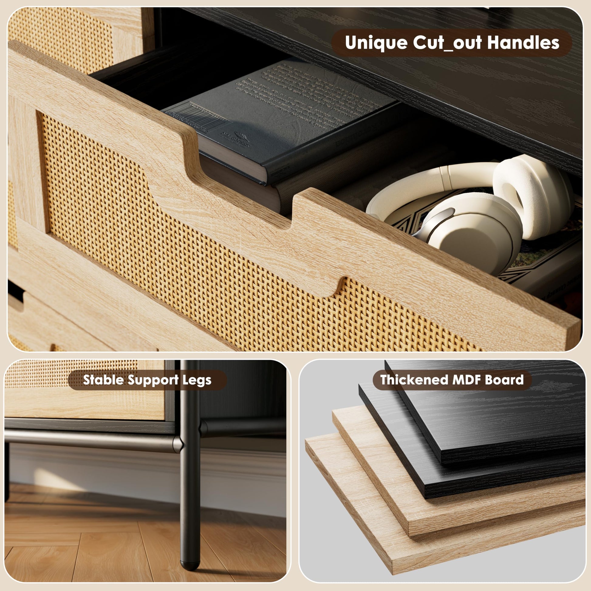Cassettiera Garvee in rattan naturale con 6 cassetti, gambe in legno e metallo, per camera da letto e soggiorno, impermeabile, resistente, design moderno