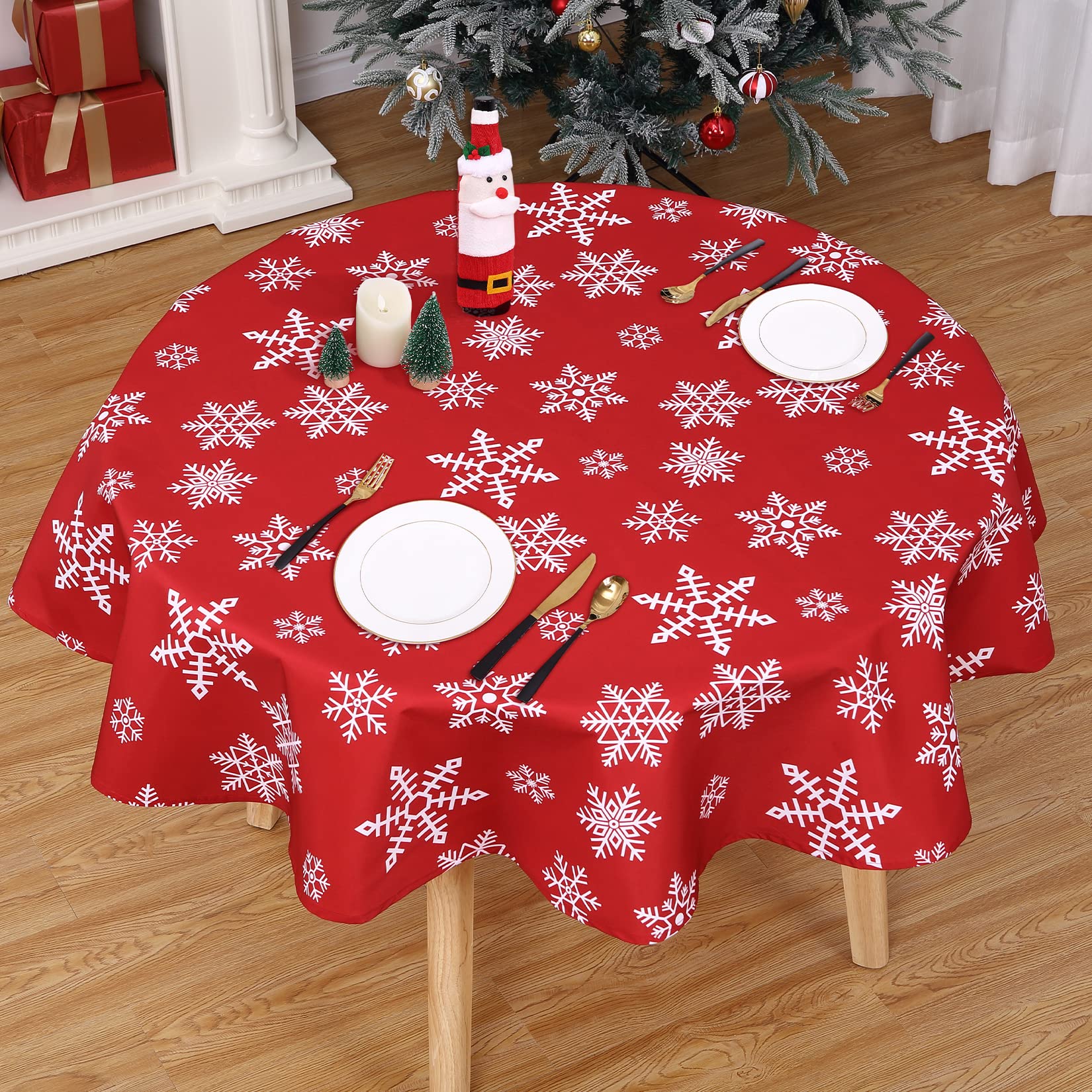 Tovaglia natalizia rotonda Garvee con motivo a fiocchi di neve, idrorepellente, poliestere, rosso e bianco, 60 pollici, decorazione invernale