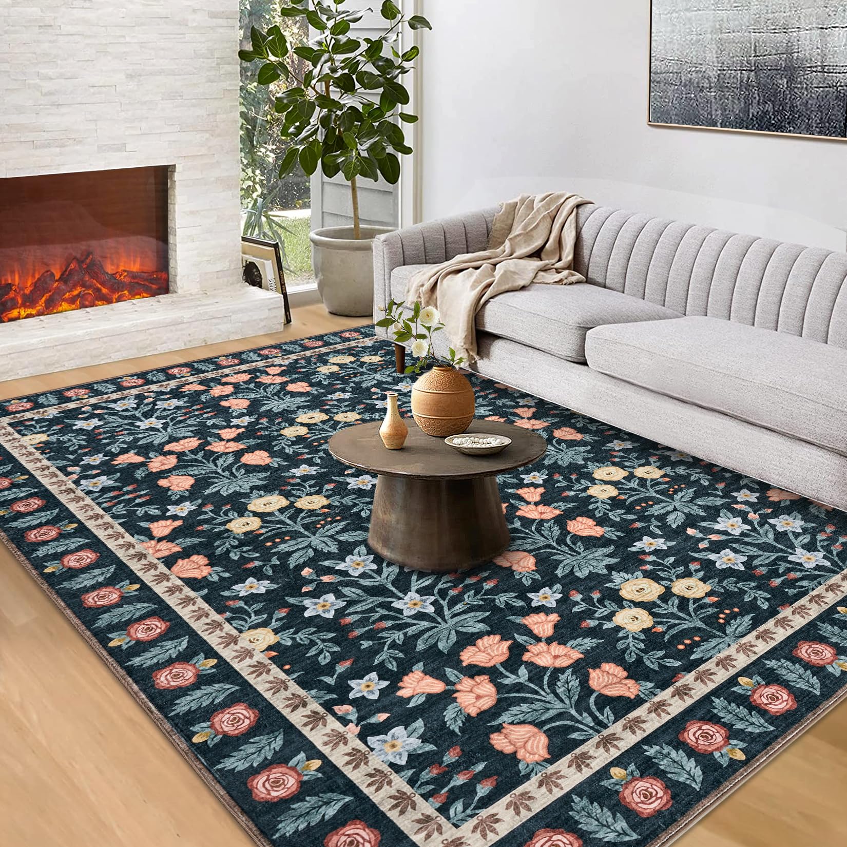 Tappeto decorativo da interno Garvee Boho 200x290cm nero con motivo floreale, antiscivolo, a pelo corto, lavabile