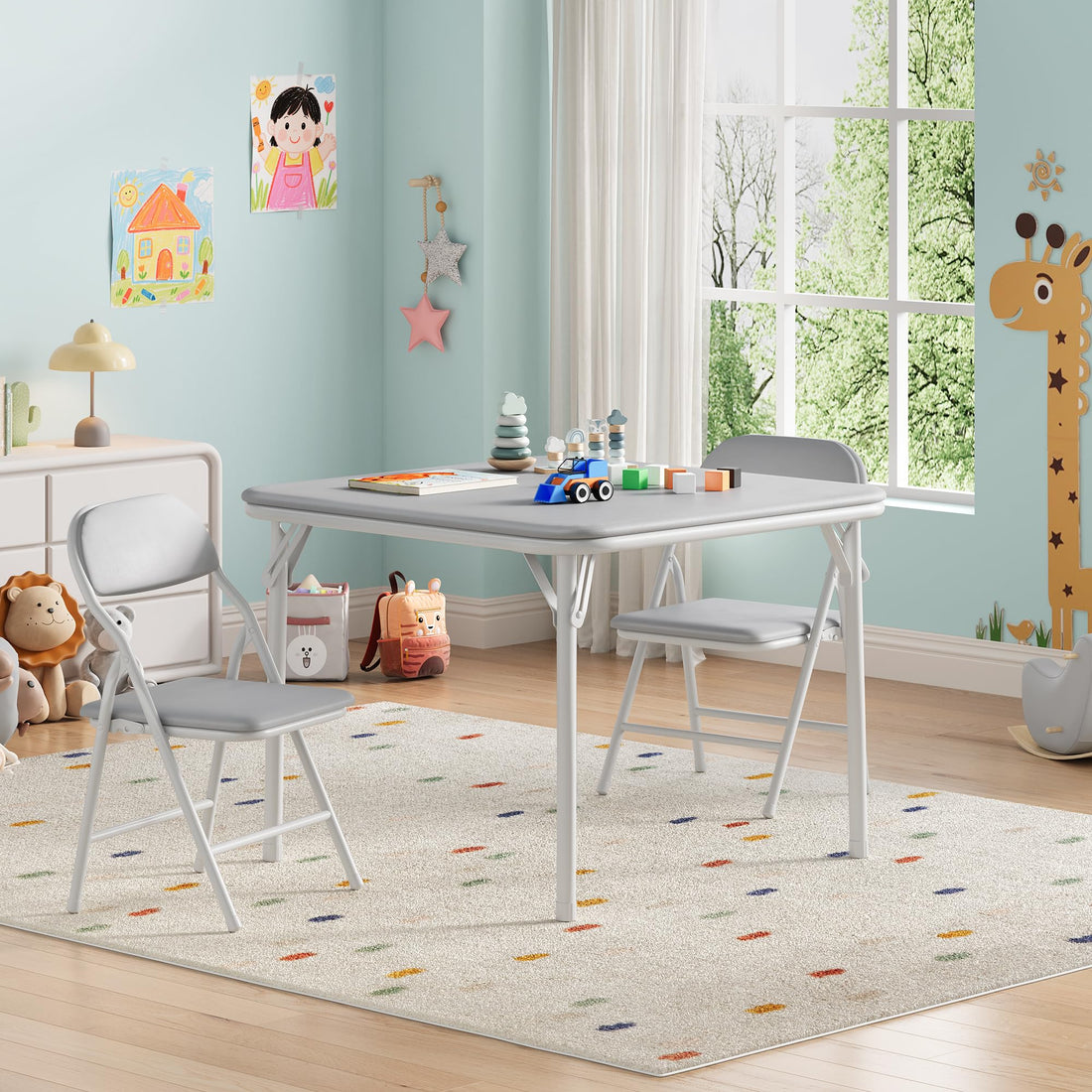 Garvee Set tavolo e sedie pieghevoli per bambini, 3 pezzi, pieghevole, in similpelle, struttura in metallo, leggero, per sala giochi e campeggio, multicolore